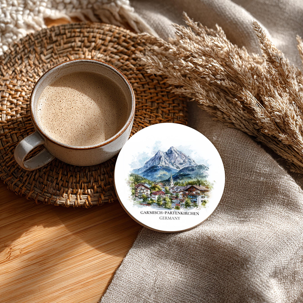 Garmisch Partenkirchen Germany Coaster, Watercolor Personalized Painting, Travel Gift Souvenir, Home Decor, Ceramic Set
