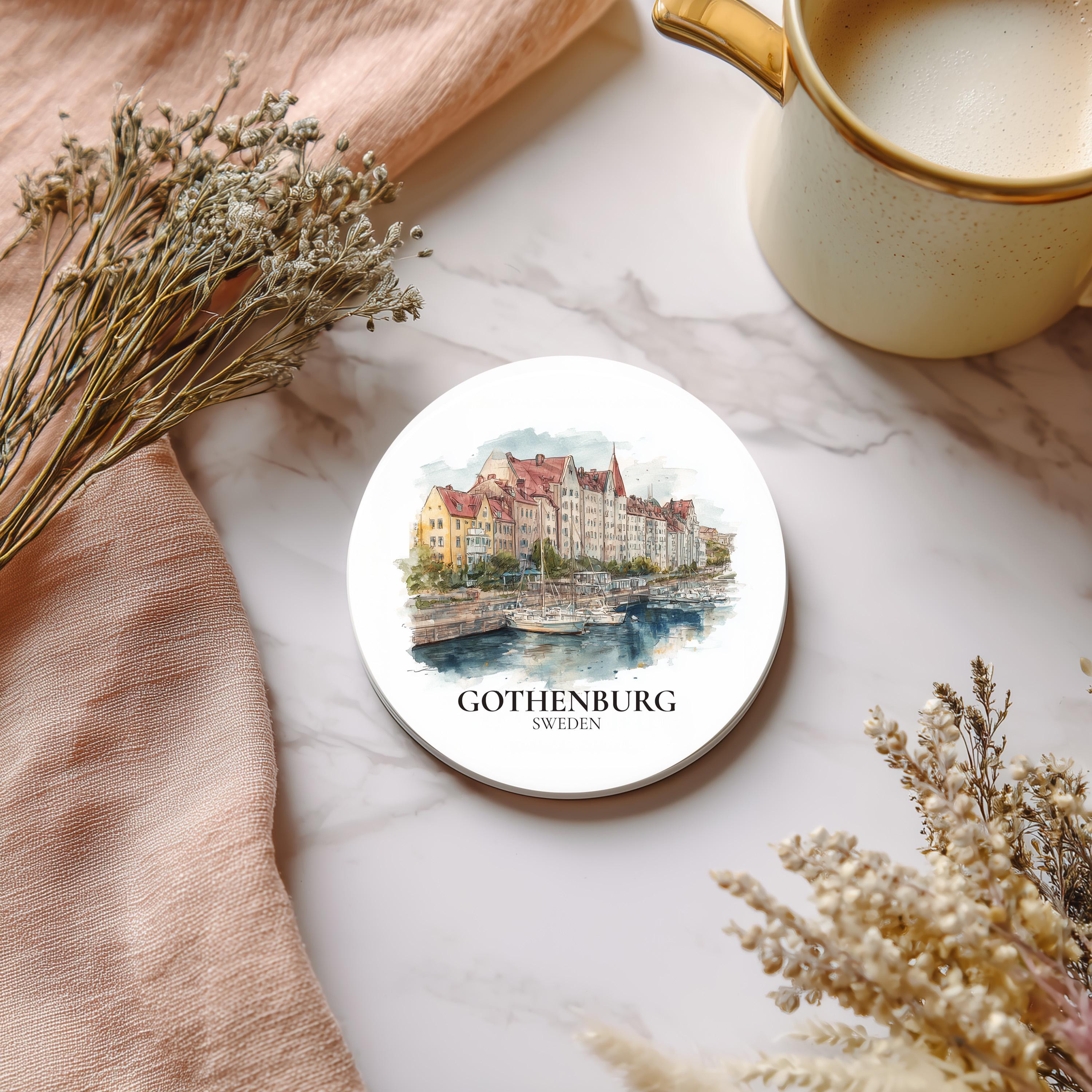 Gothenburg Sweden Coaster, Watercolor Personalized Painting, Travel Gift Souvenir, Home Decor, Ceramic Set