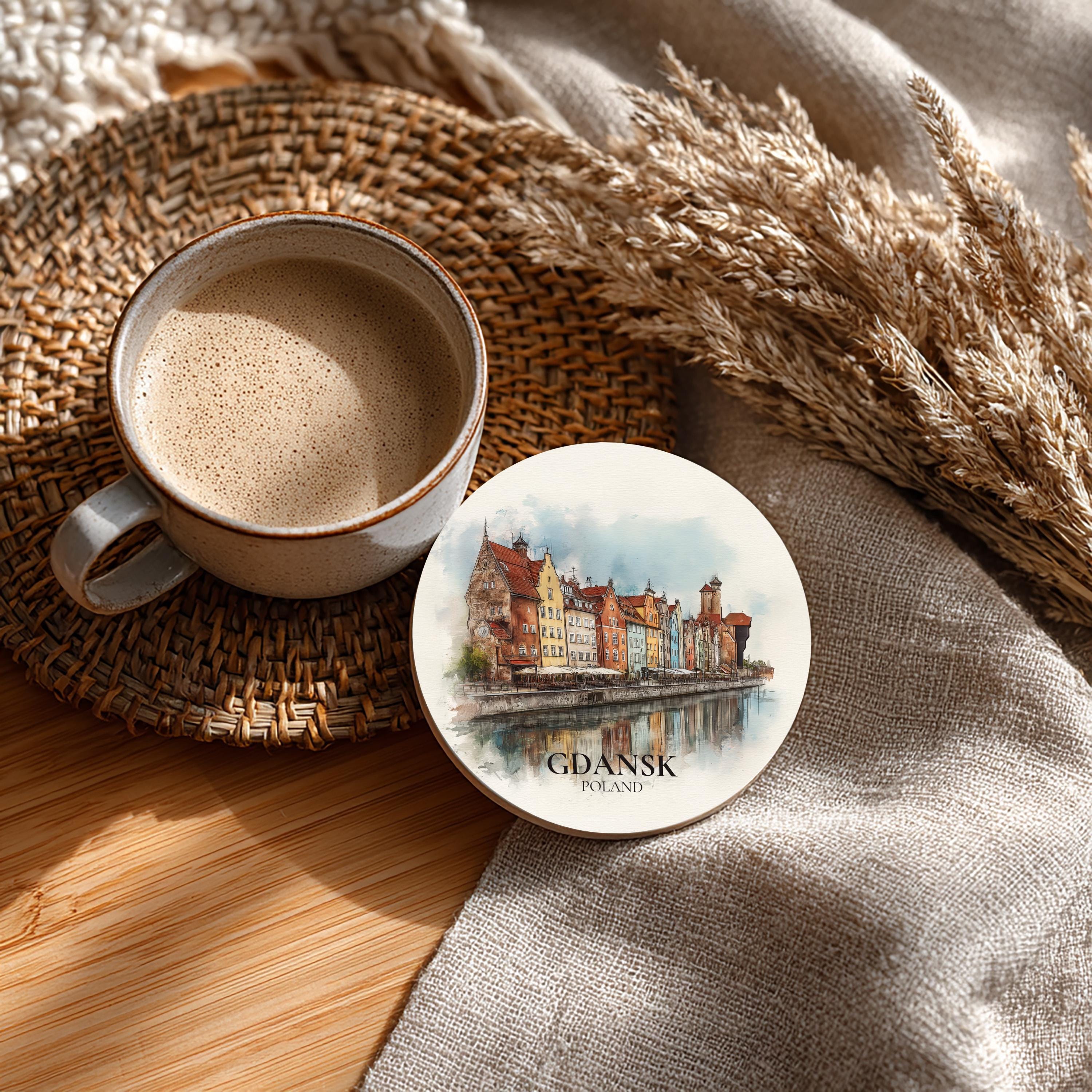 Gdansk Poland Coaster, Watercolor Personalized Painting, Travel Gift Souvenir, Home Decor, Ceramic Set