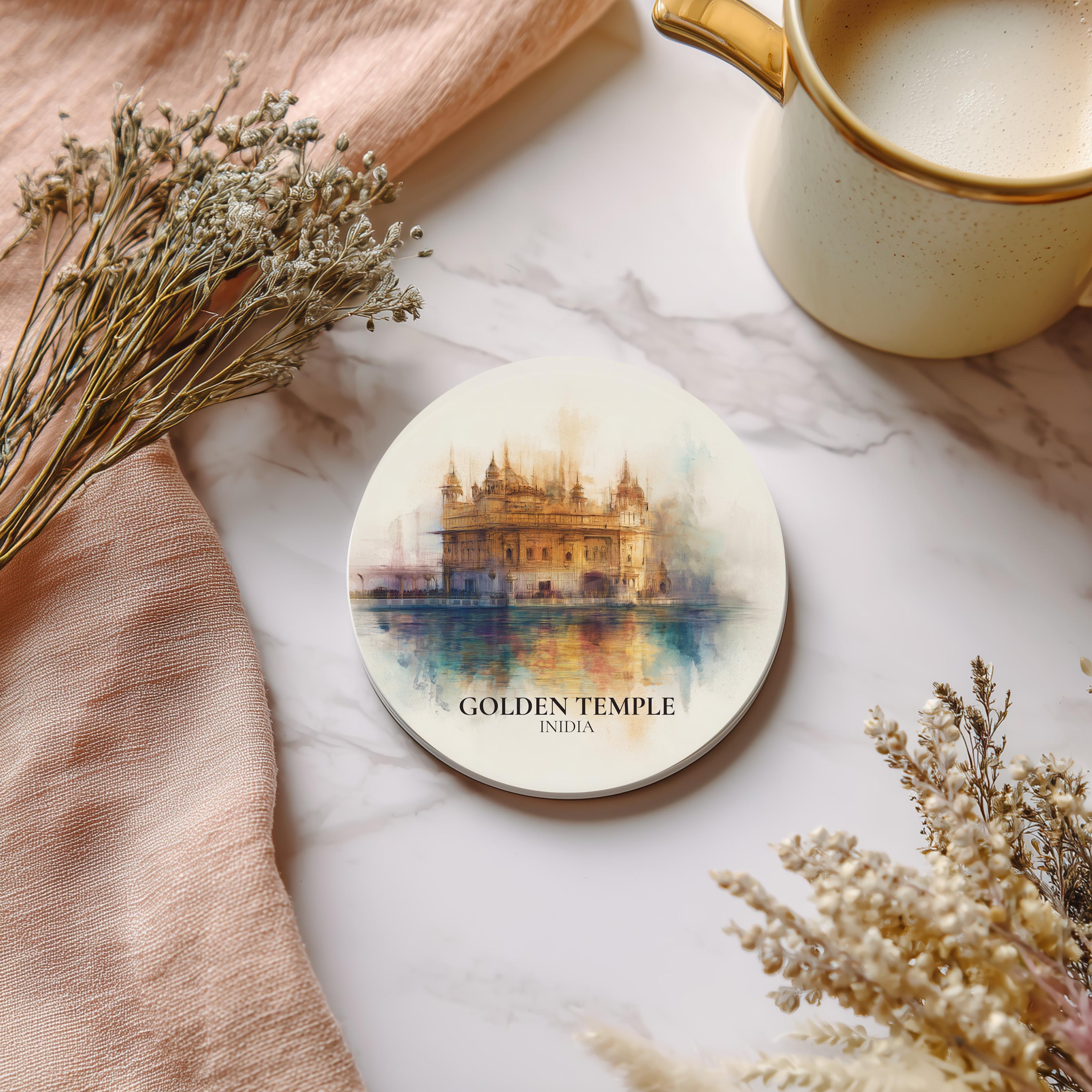 Golden Temple India Coaster, Watercolor Personalized Painting, Travel Gift Souvenir, Home Decor, Ceramic Set