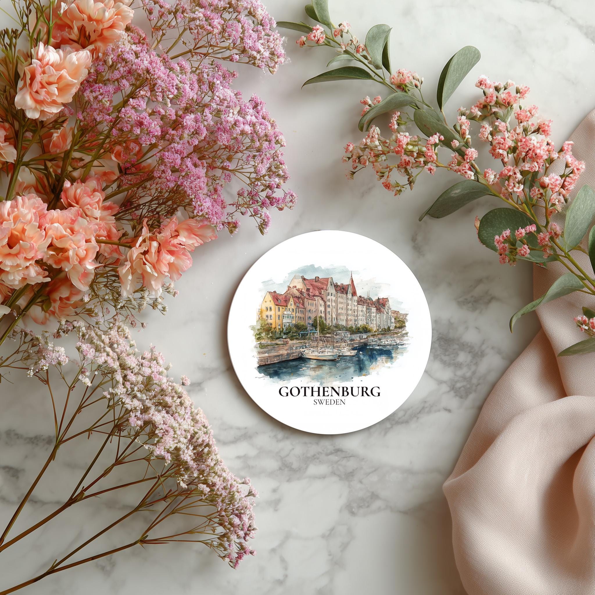 Gothenburg Sweden Coaster, Watercolor Personalized Painting, Travel Gift Souvenir, Home Decor, Ceramic Set