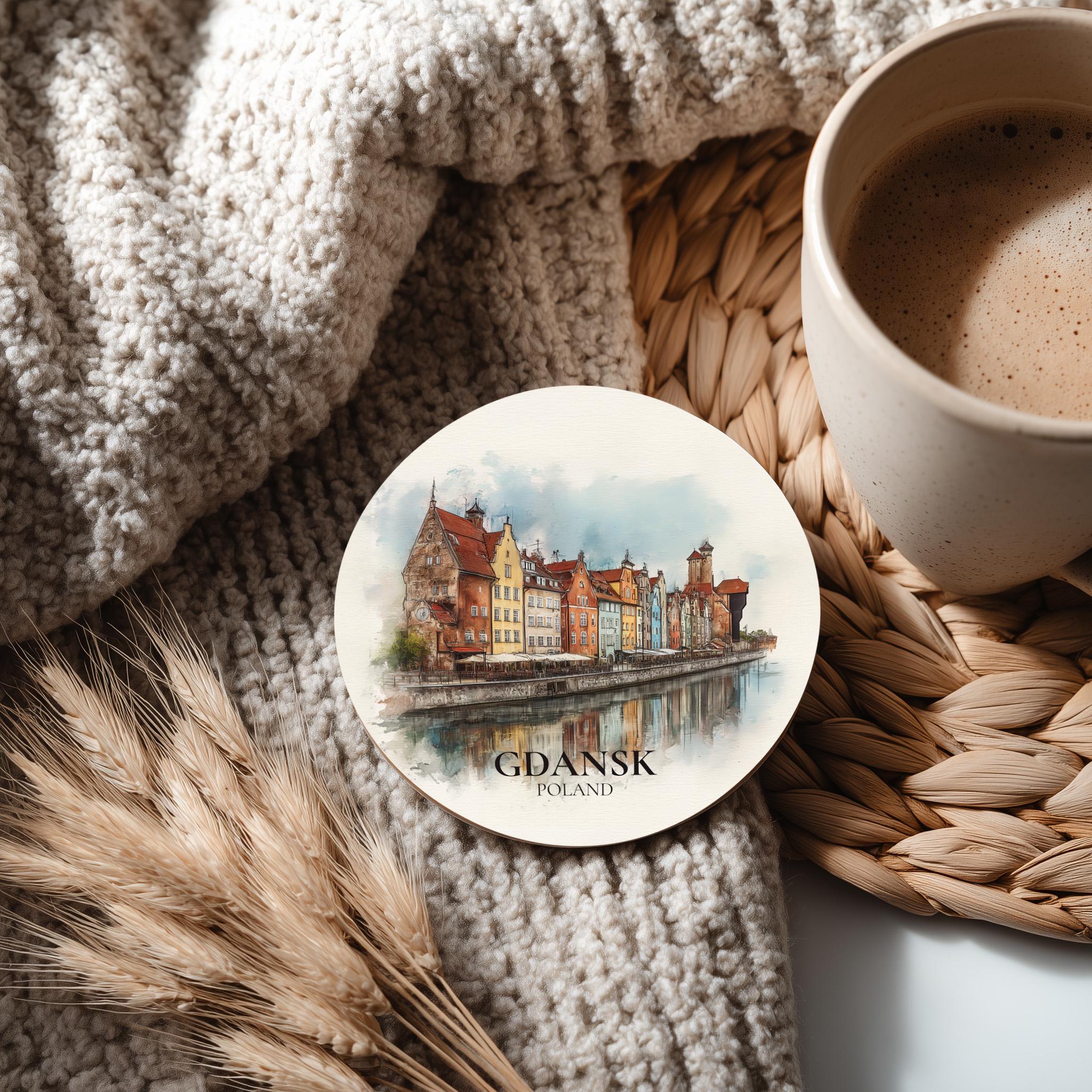 Gdansk Poland Coaster, Watercolor Personalized Painting, Travel Gift Souvenir, Home Decor, Ceramic Set
