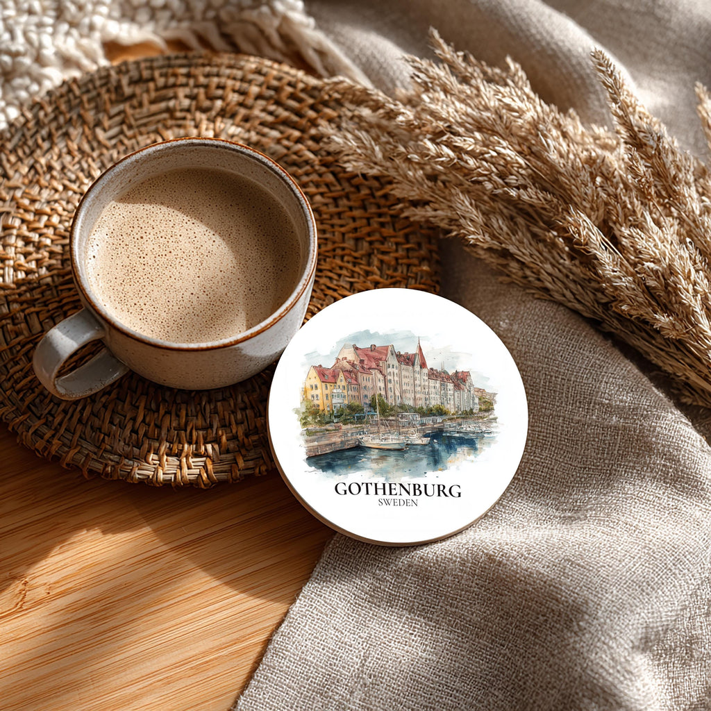 Gothenburg Sweden Coaster, Watercolor Personalized Painting, Travel Gift Souvenir, Home Decor, Ceramic Set