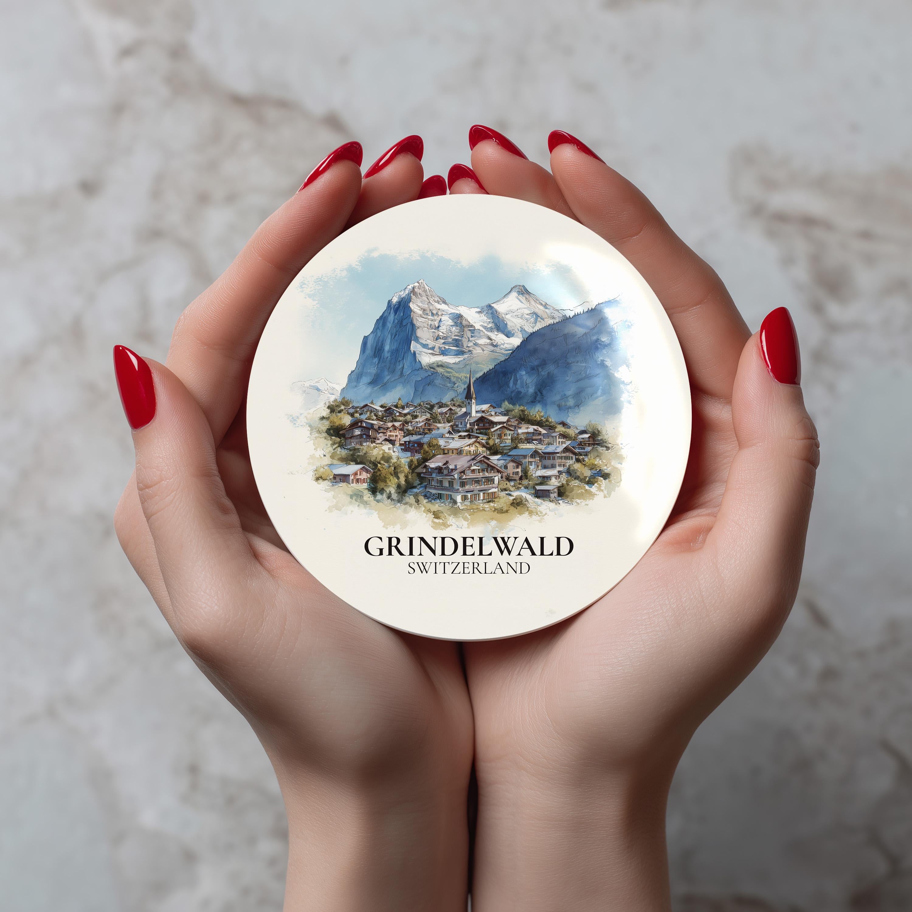 Grindelwald Switzerland Coaster, Watercolor Personalized Painting, Travel Gift Souvenir, Home Decor, Ceramic Set