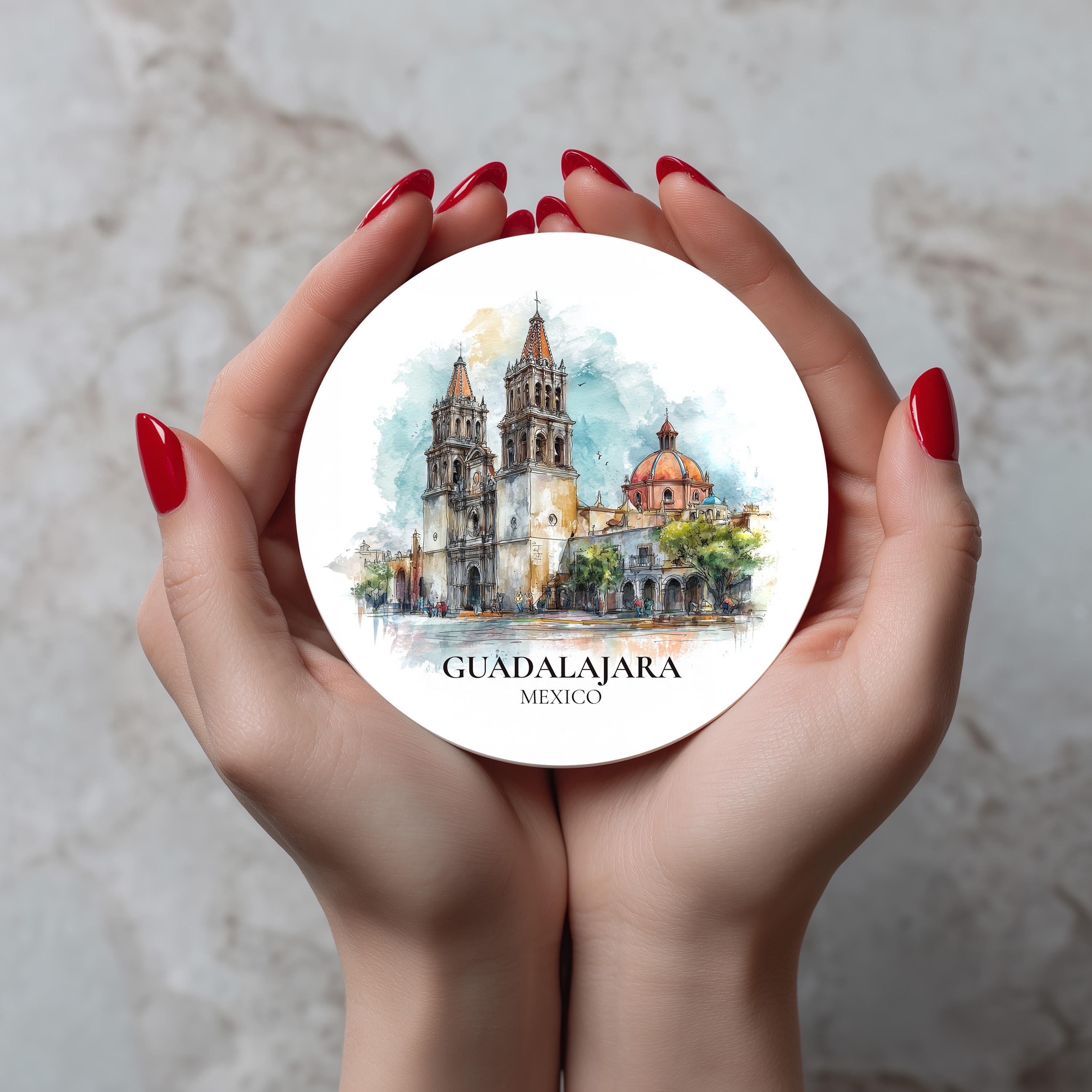 Guadalajara Mexico Coaster, Watercolor Personalized Painting, Travel Gift Souvenir, Home Decor, Ceramic Set