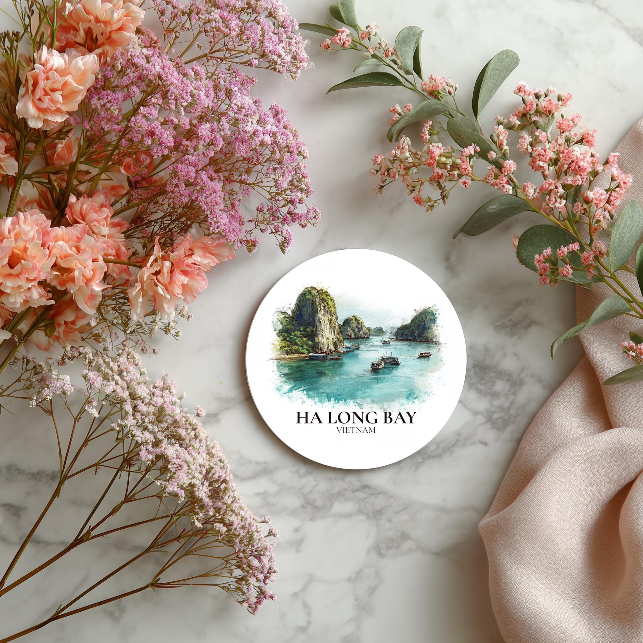 Ha Long Bay Vietnam Coaster, Watercolor Personalized Painting, Travel Gift Souvenir, Home Decor, Ceramic Set