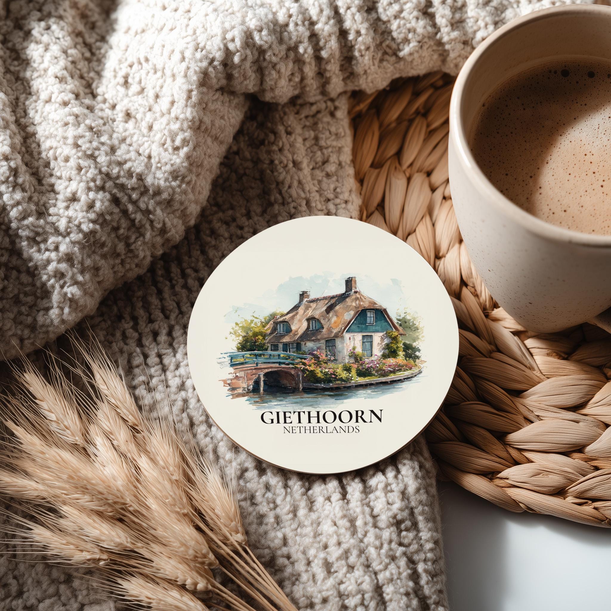 Giethoorn Netherlands Coaster, Watercolor Personalized Painting, Travel Gift Souvenir, Home Decor, Ceramic Set
