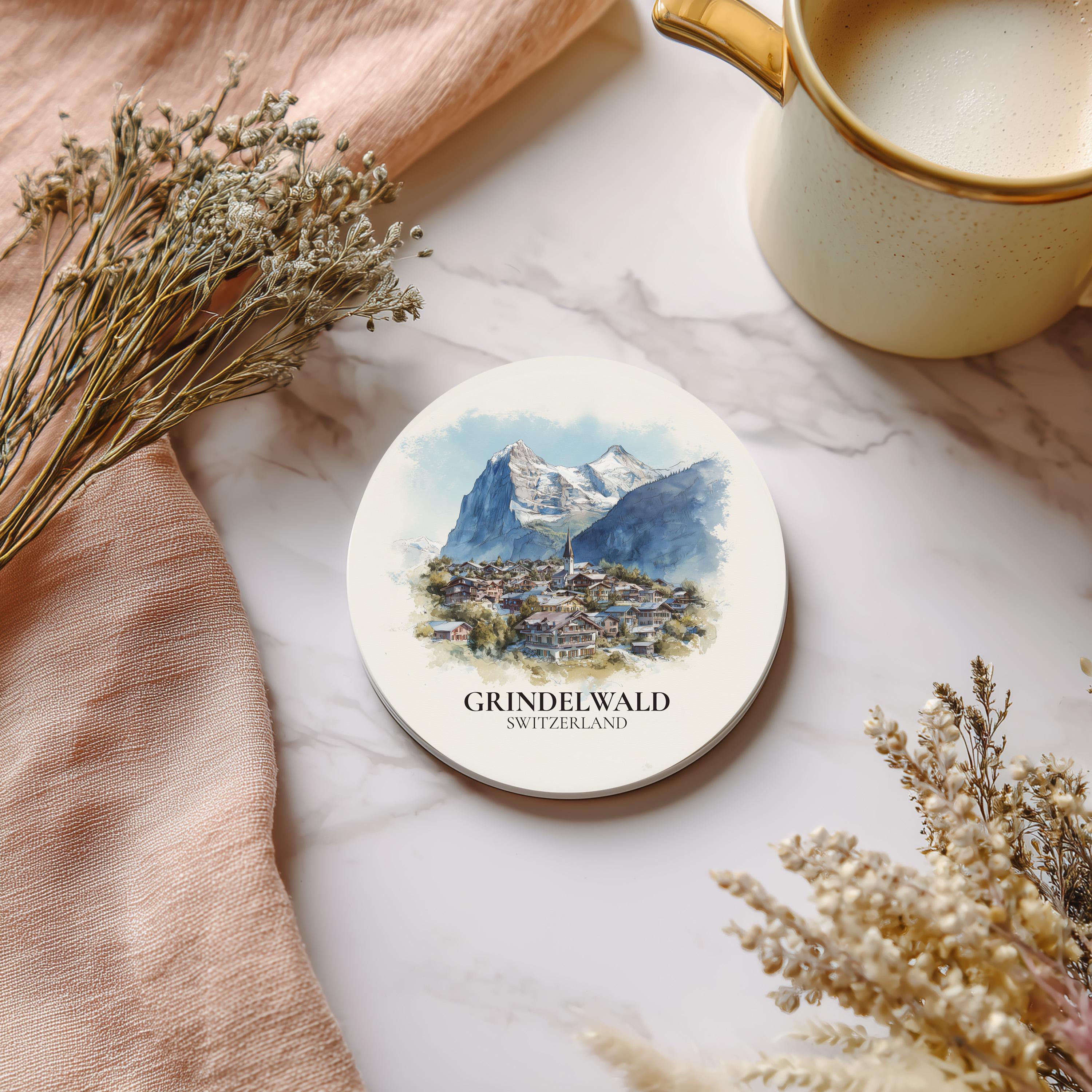 Grindelwald Switzerland Coaster, Watercolor Personalized Painting, Travel Gift Souvenir, Home Decor, Ceramic Set