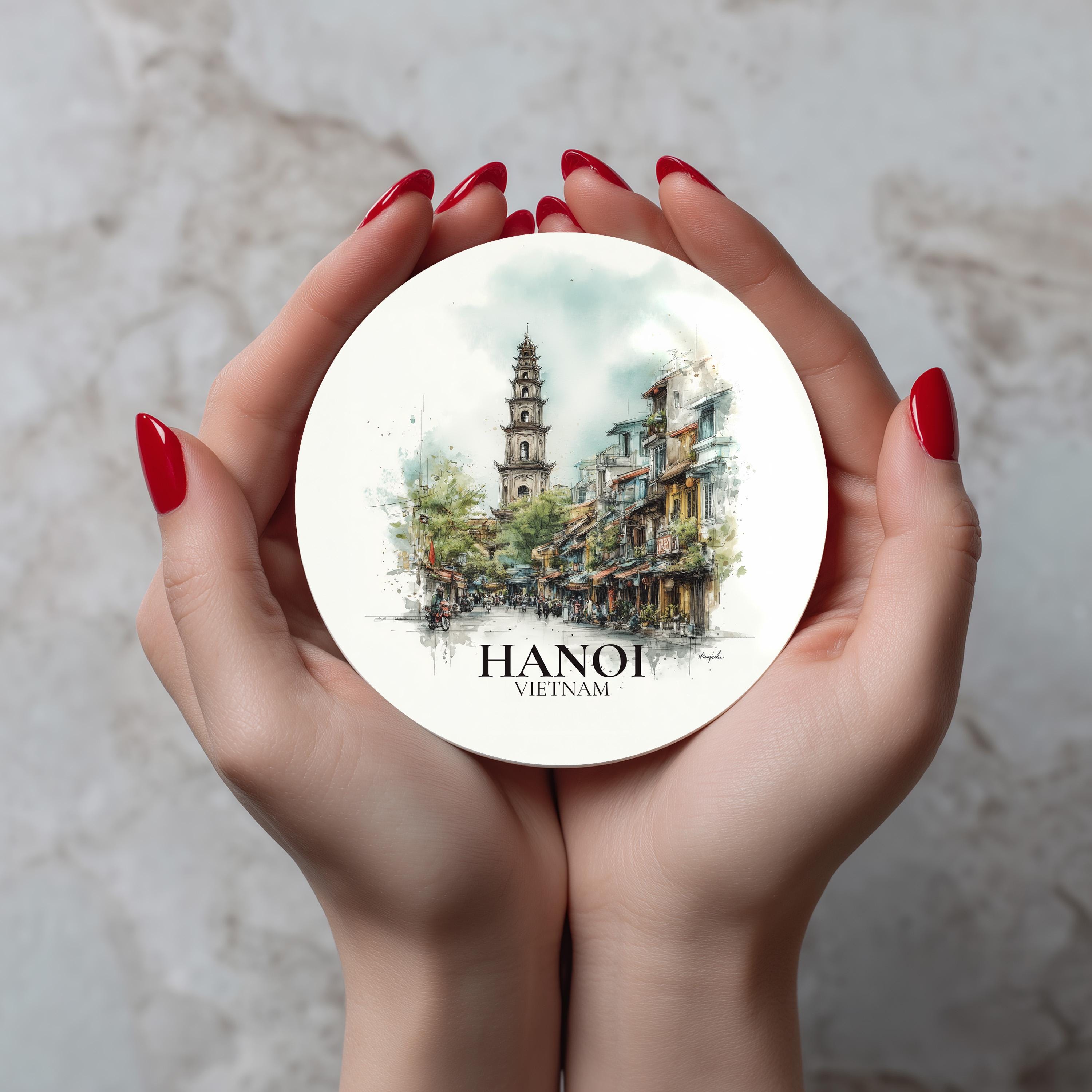Hanoi Vietnam Coaster, Watercolor Personalized Painting, Travel Gift Souvenir, Home Decor, Ceramic Set