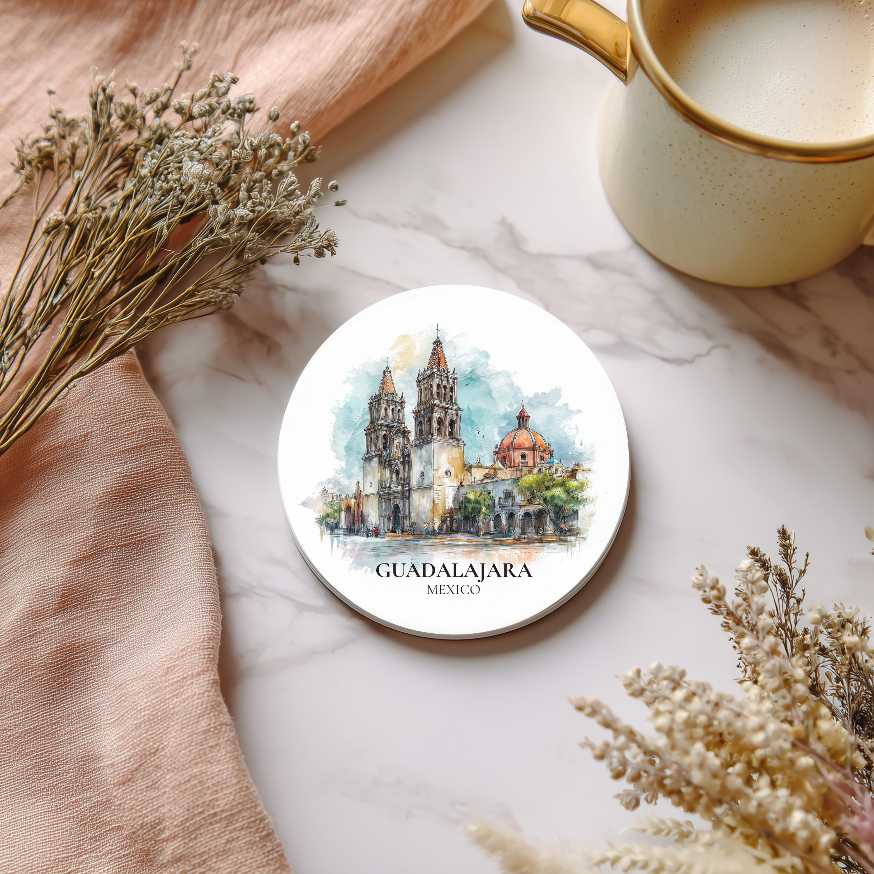Guadalajara Mexico Coaster, Watercolor Personalized Painting, Travel Gift Souvenir, Home Decor, Ceramic Set