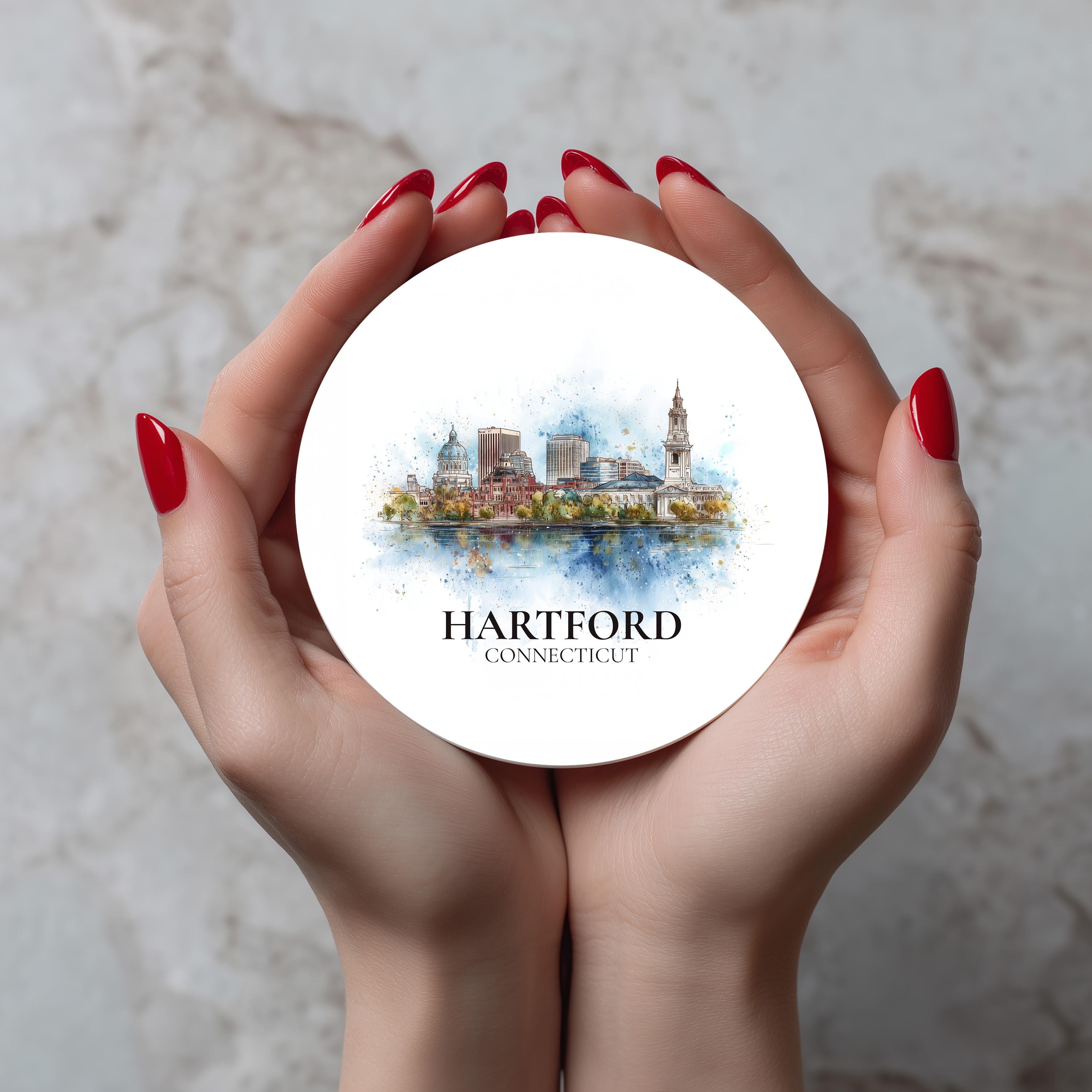 Hartford Connecticut Coaster, Watercolor Personalized Painting, Travel Gift Souvenir, Home Decor, Ceramic Set