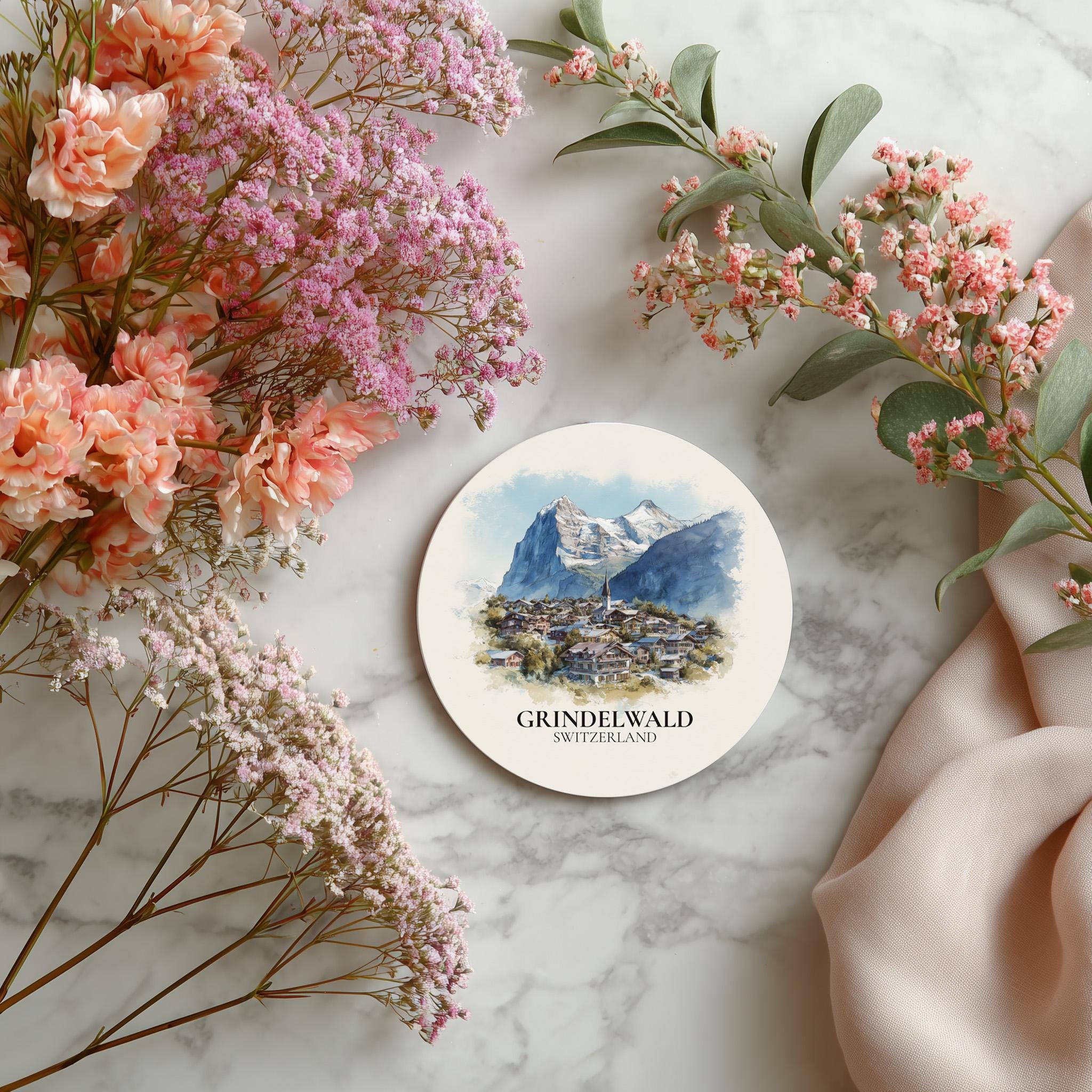 Grindelwald Switzerland Coaster, Watercolor Personalized Painting, Travel Gift Souvenir, Home Decor, Ceramic Set