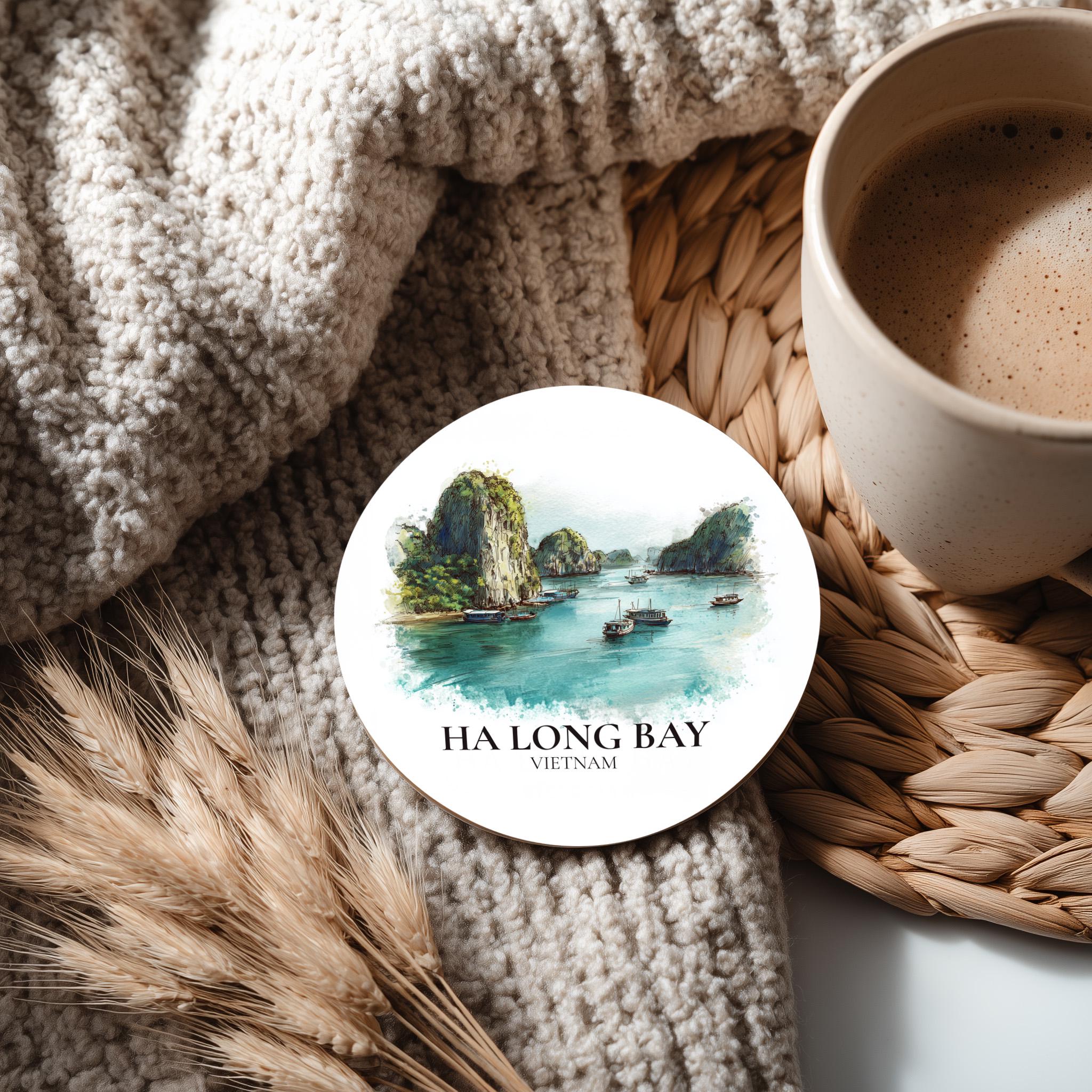 Ha Long Bay Vietnam Coaster, Watercolor Personalized Painting, Travel Gift Souvenir, Home Decor, Ceramic Set