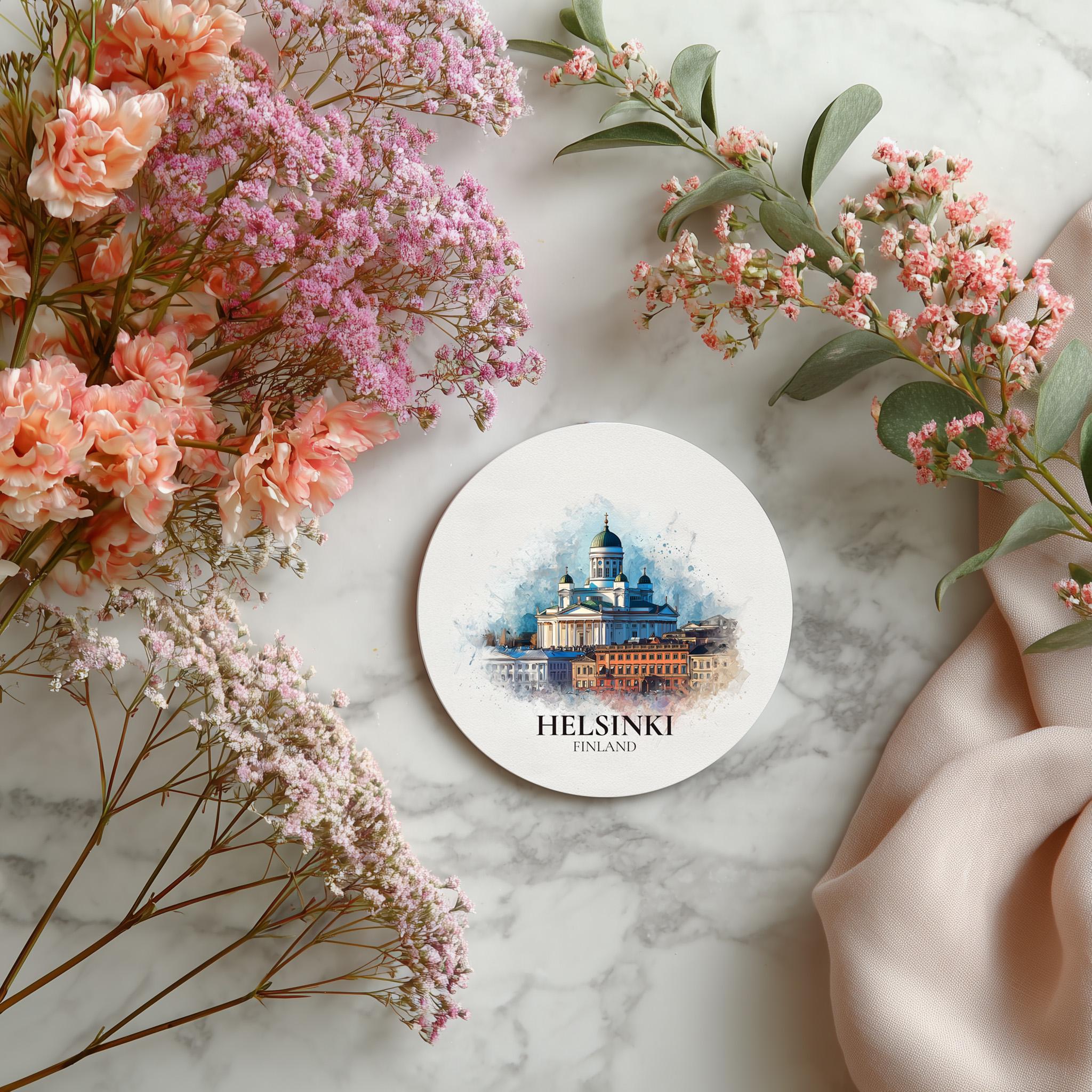 Helsinki Finland Coaster, Watercolor Personalized Painting, Travel Gift Souvenir, Home Decor, Ceramic Set