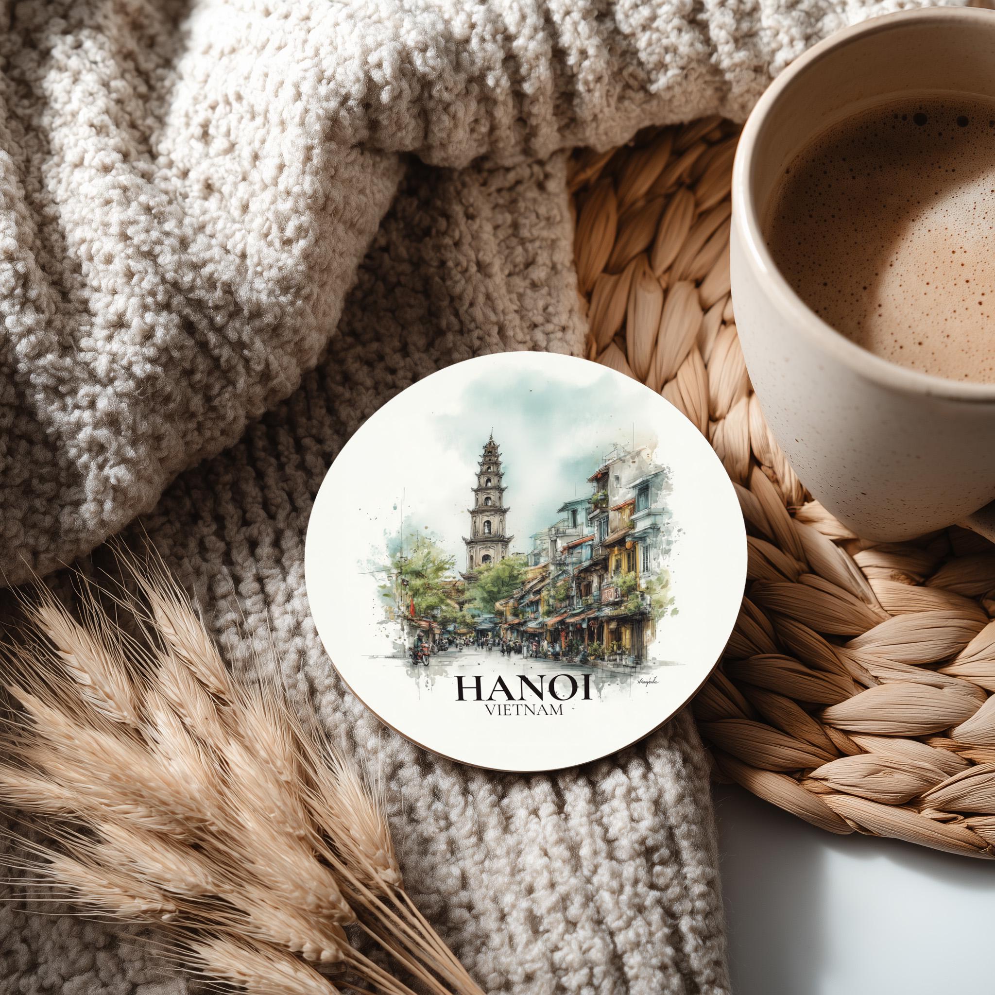 Hanoi Vietnam Coaster, Watercolor Personalized Painting, Travel Gift Souvenir, Home Decor, Ceramic Set