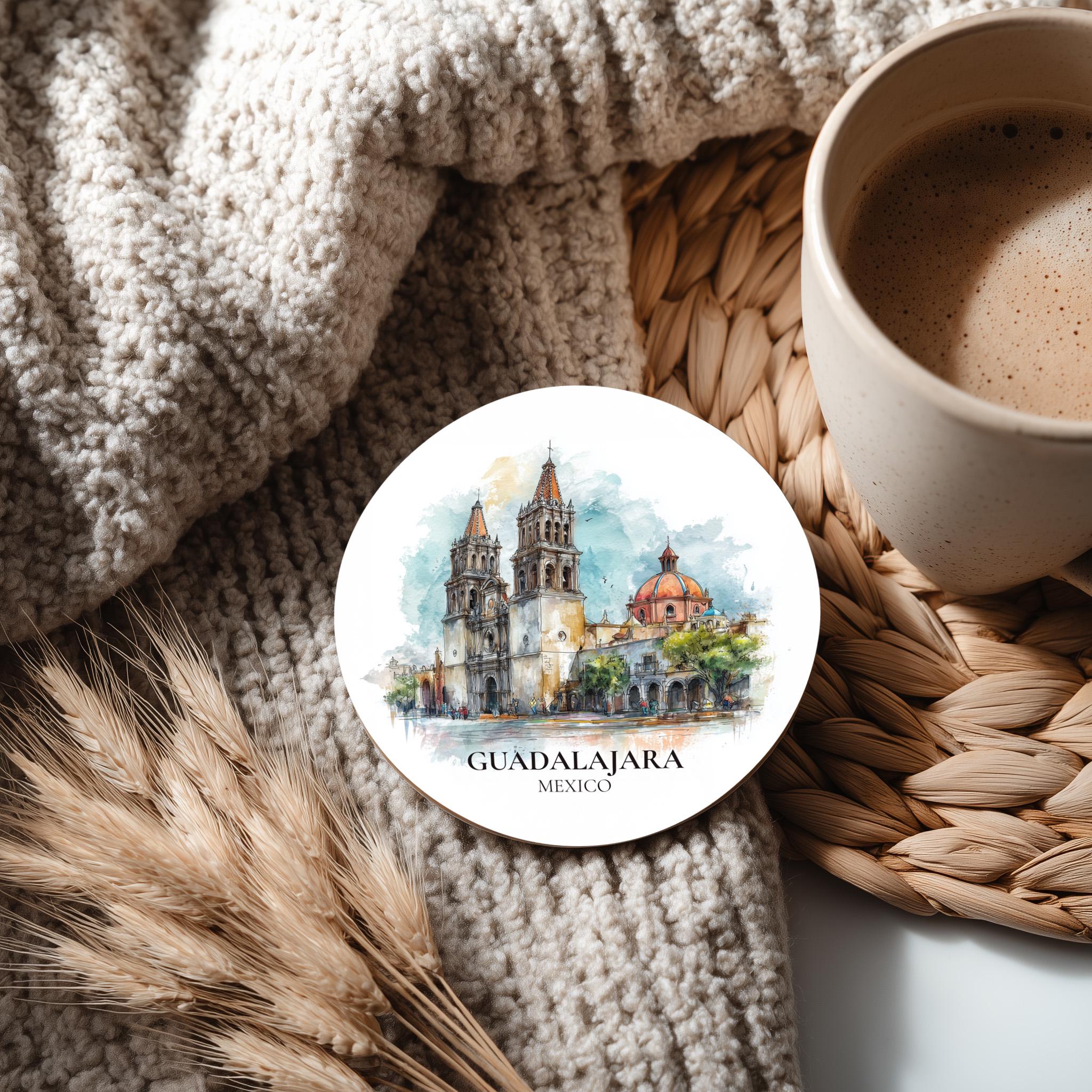 Guadalajara Mexico Coaster, Watercolor Personalized Painting, Travel Gift Souvenir, Home Decor, Ceramic Set