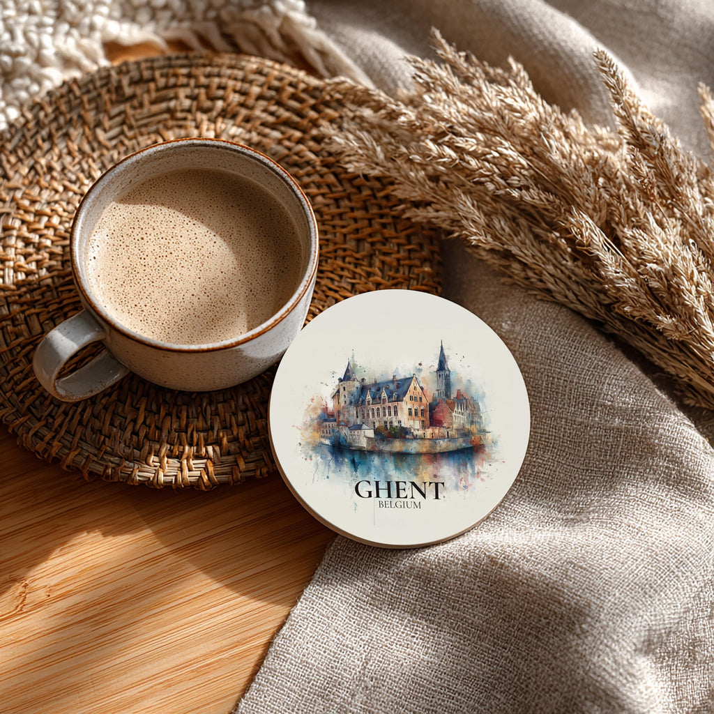 Ghent Belgium Coaster, Watercolor Personalized Painting, Travel Gift Souvenir, Home Decor, Ceramic Set
