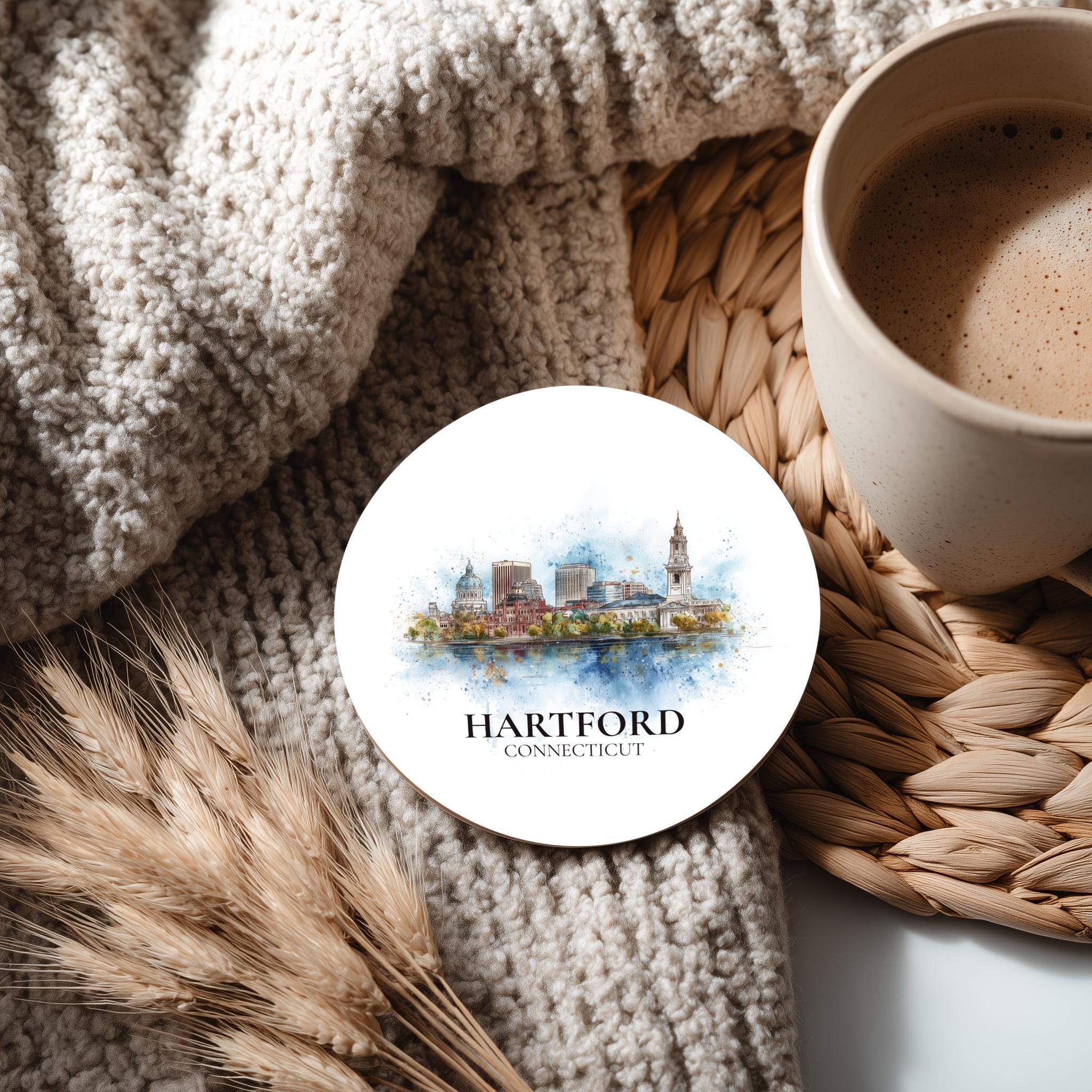 Hartford Connecticut Coaster, Watercolor Personalized Painting, Travel Gift Souvenir, Home Decor, Ceramic Set