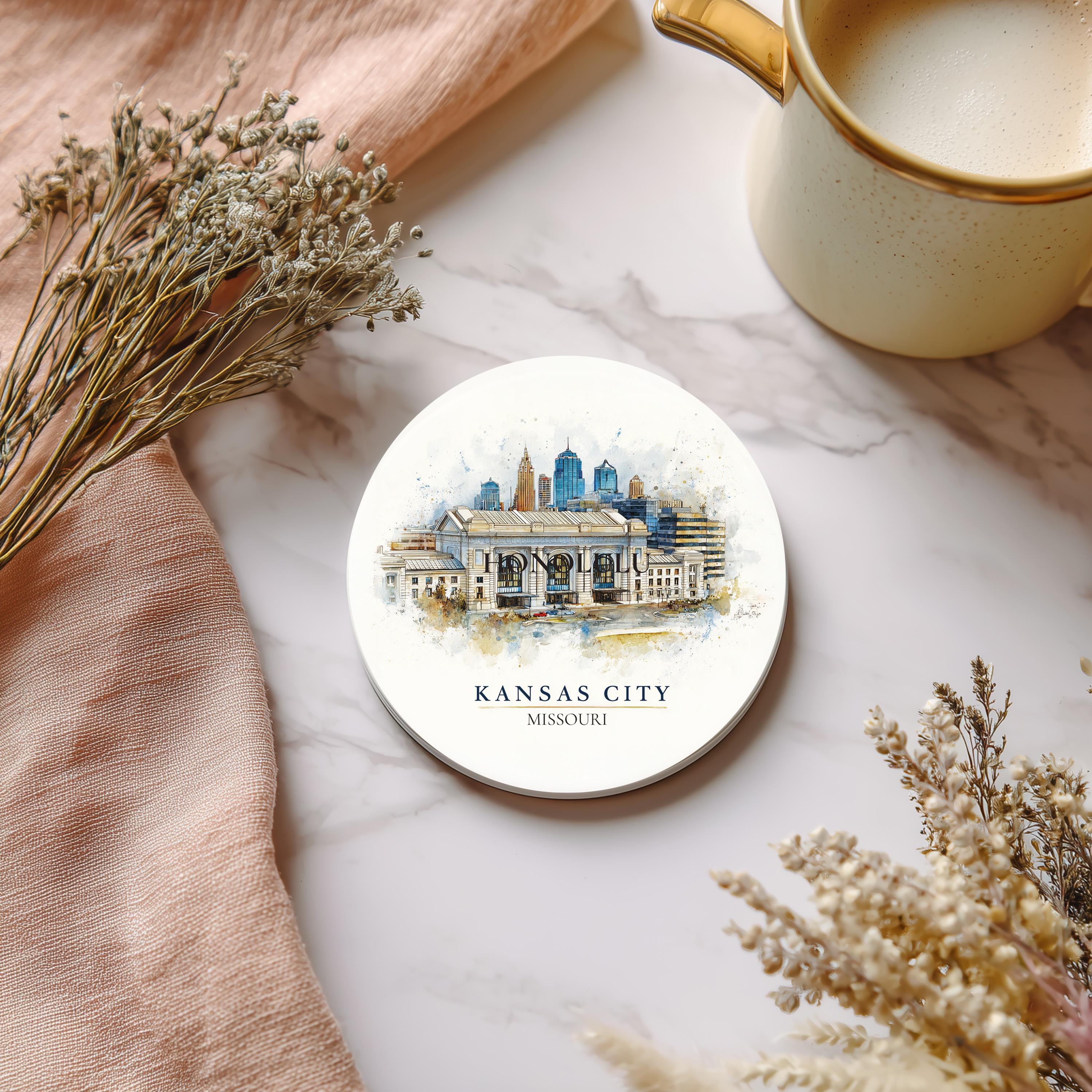 Kansas City Missouri Coaster, Watercolor Personalized Painting, Travel Gift Souvenir, Home Decor, Ceramic Set