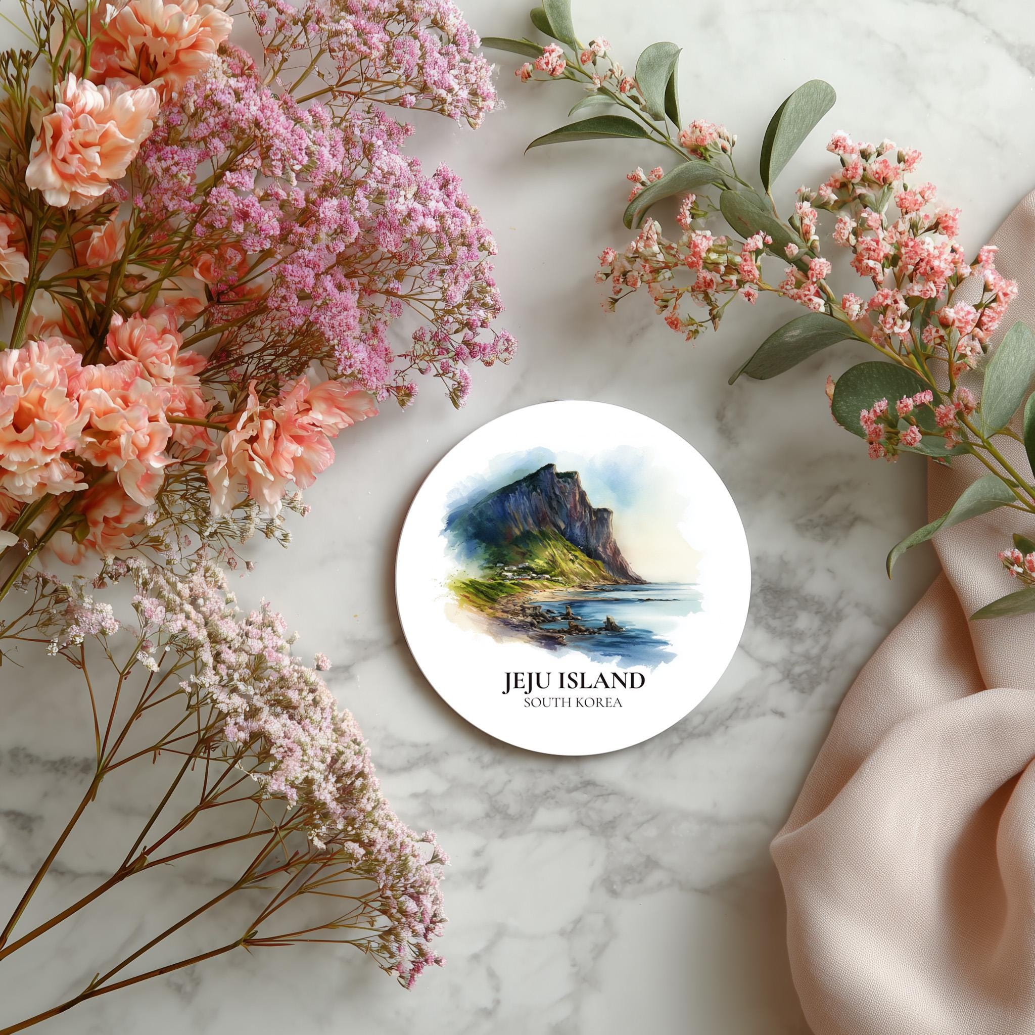 Jeju Island South Korea Coaster, Watercolor Personalized Painting, Travel Gift Souvenir, Home Decor, Ceramic Set