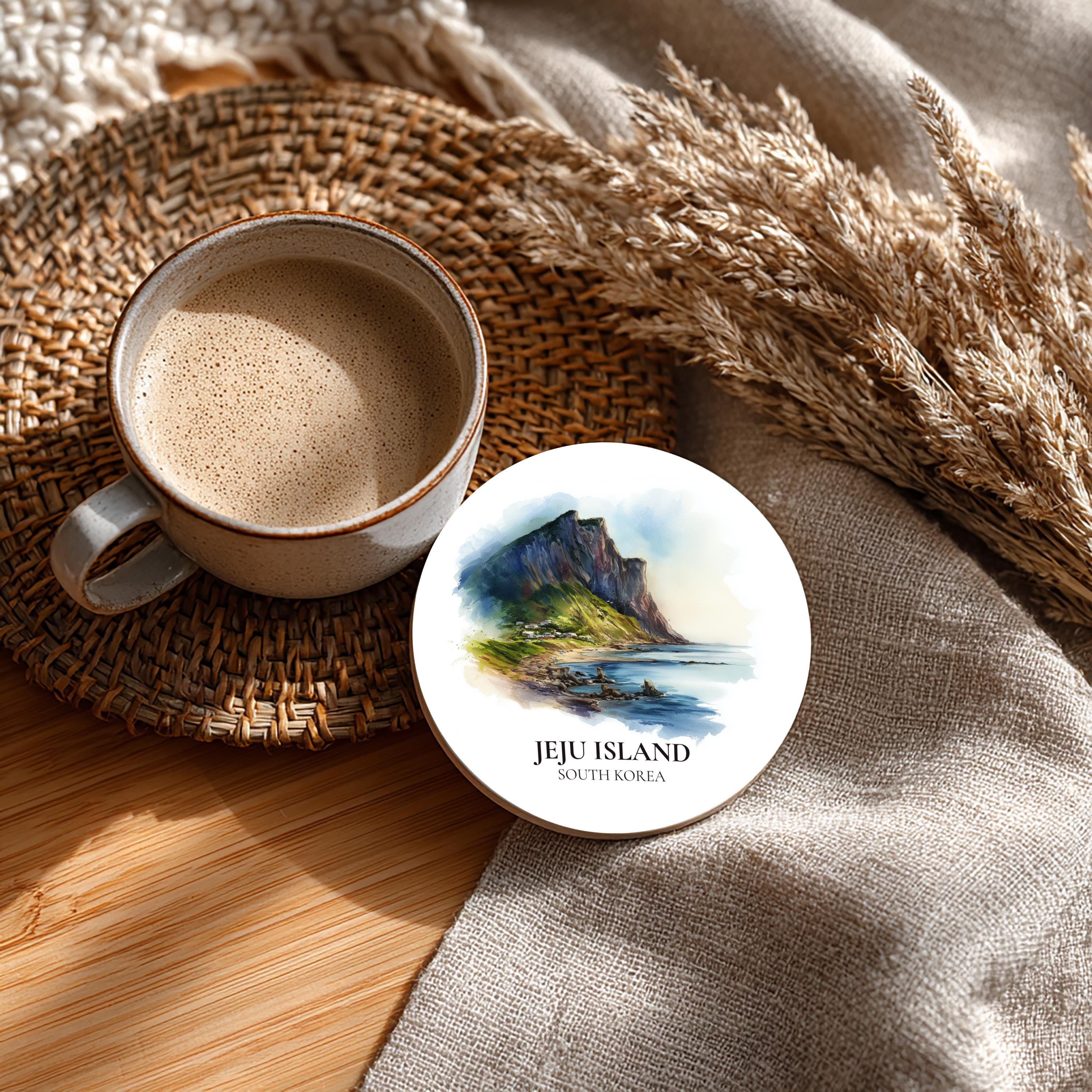 Jeju Island South Korea Coaster, Watercolor Personalized Painting, Travel Gift Souvenir, Home Decor, Ceramic Set