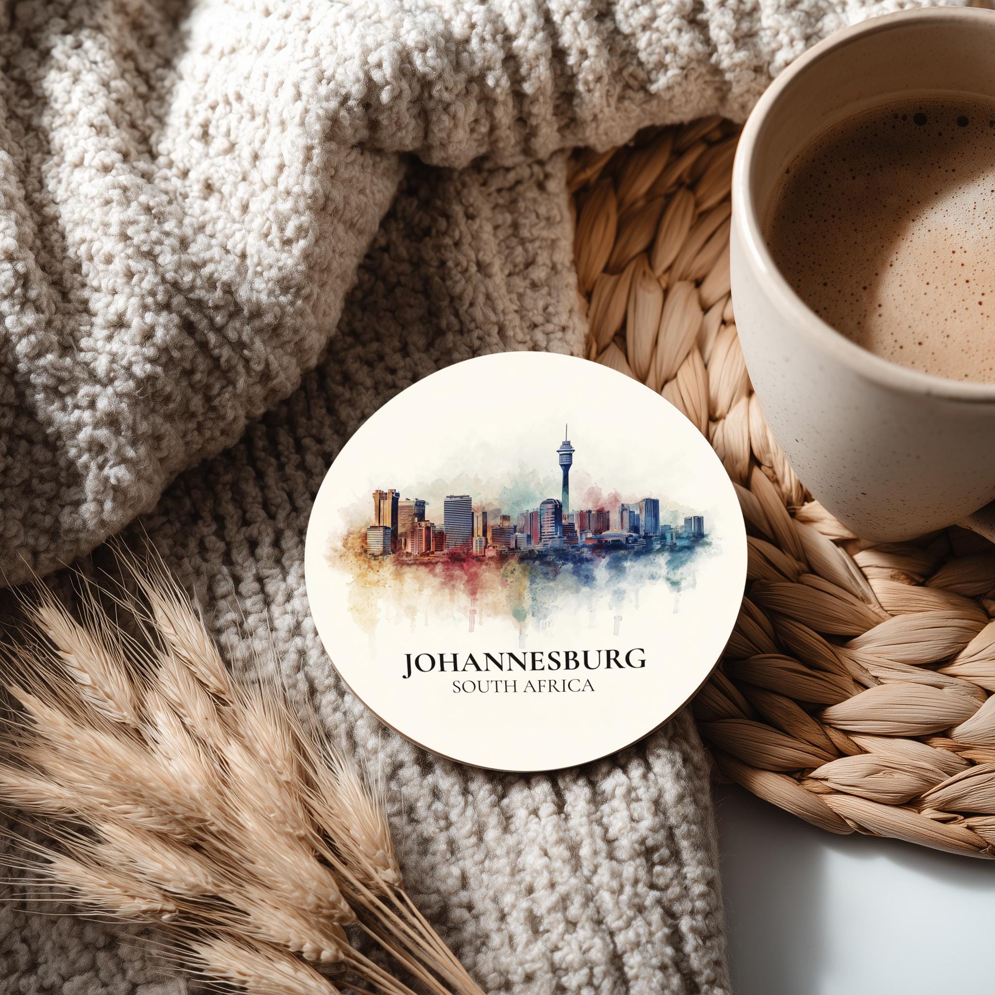 Johannesburg South Africa Coaster, Watercolor Personalized Painting, Travel Gift Souvenir, Home Decor, Ceramic Set