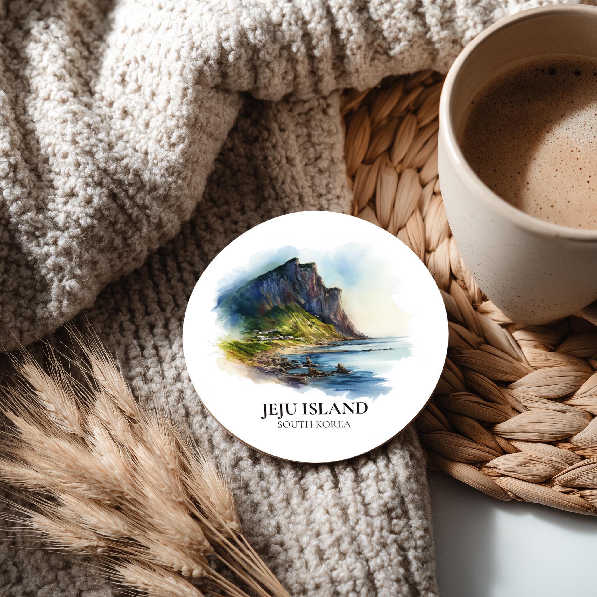 Jeju Island South Korea Coaster, Watercolor Personalized Painting, Travel Gift Souvenir, Home Decor, Ceramic Set