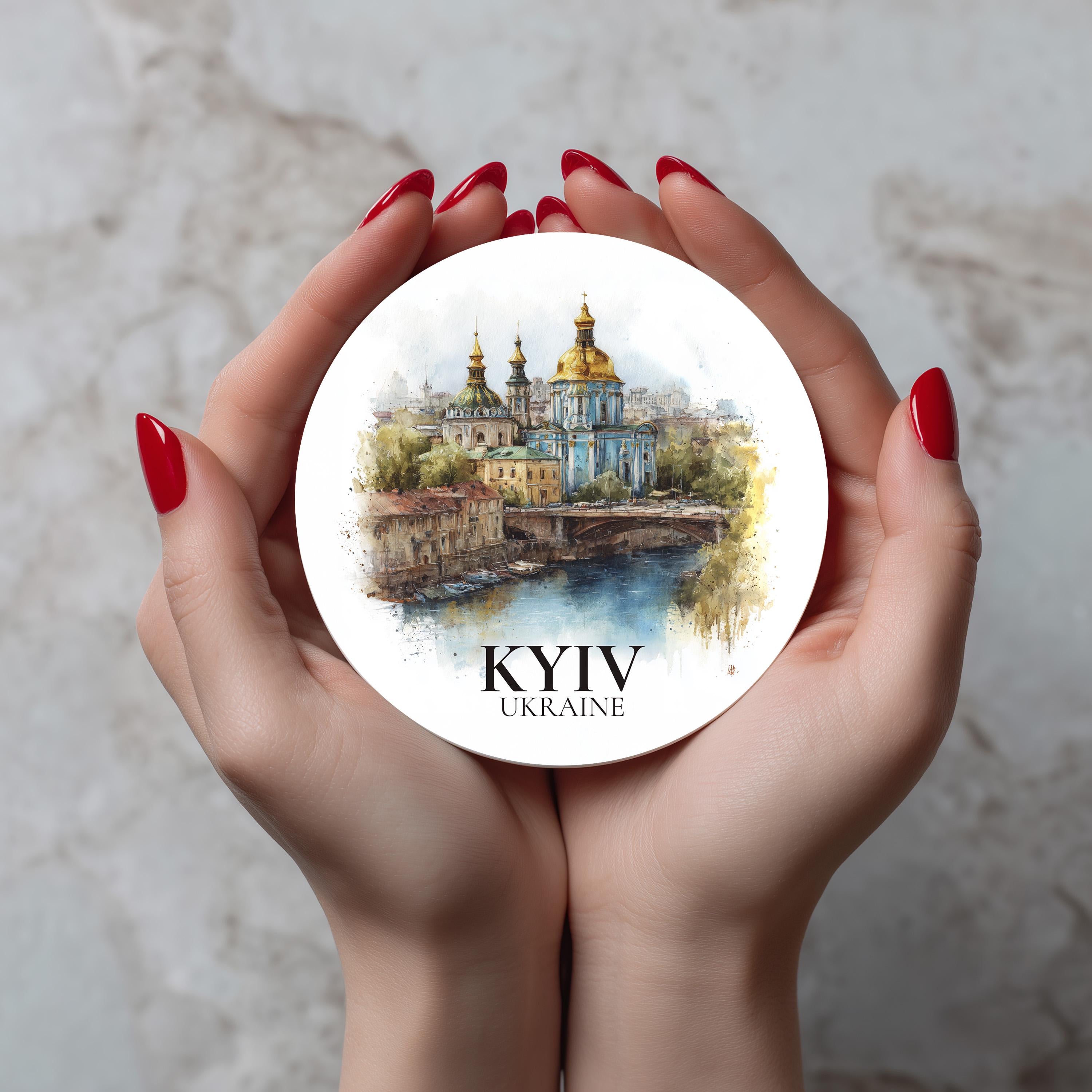 Kiyv Ukraine Coaster, Watercolor Personalized Painting, Travel Gift Souvenir, Home Decor, Ceramic Set
