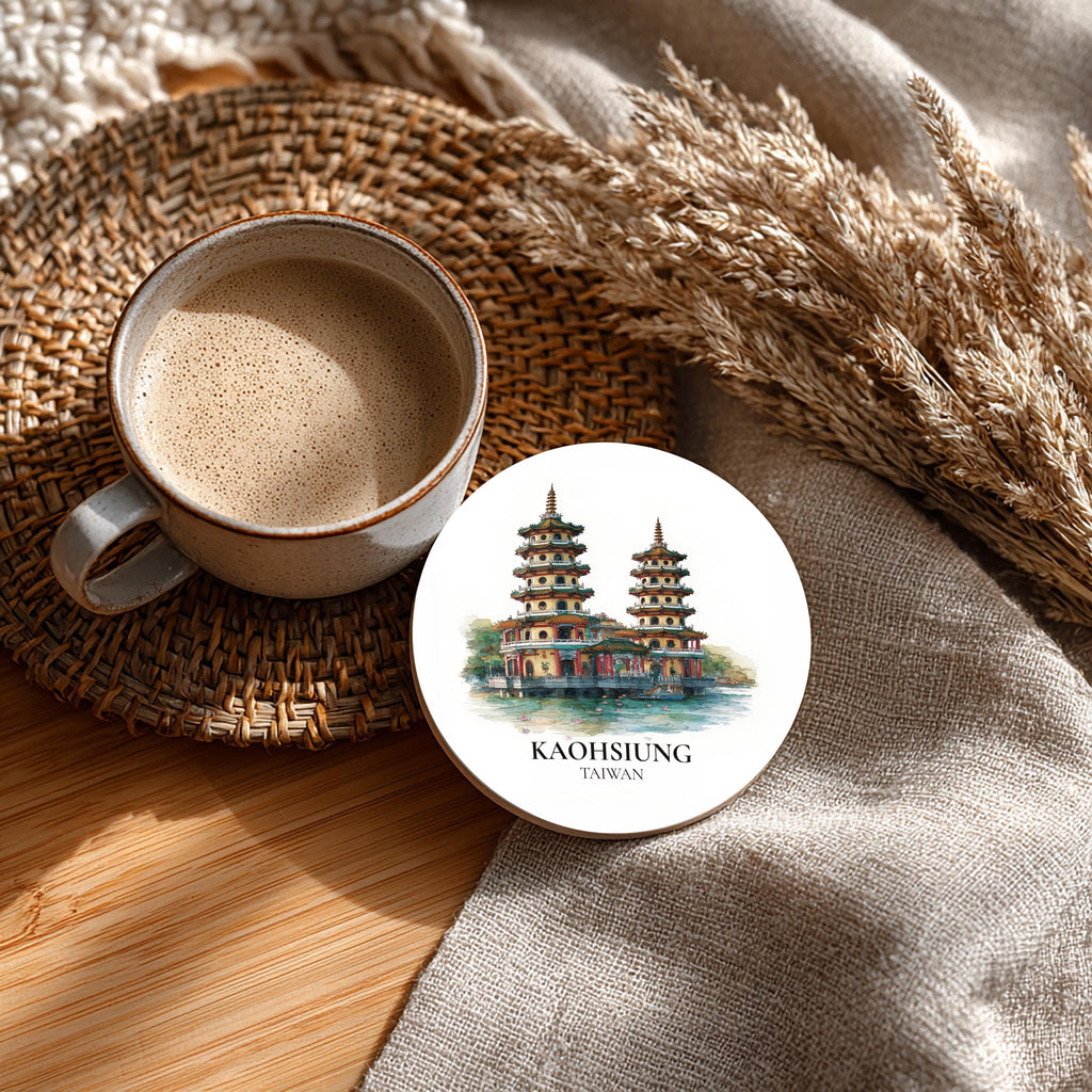 Kaohsiung Taiwan Coaster, Watercolor Personalized Painting, Travel Gift Souvenir, Home Decor, Ceramic Set