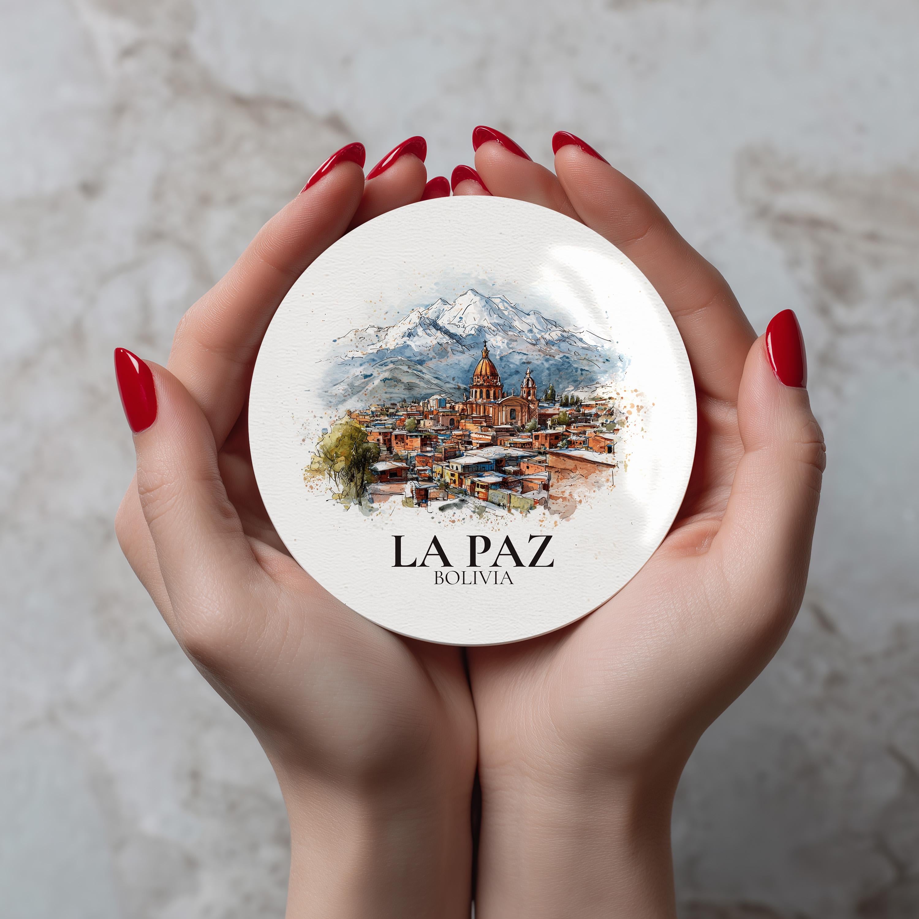 La Paz Bolivia Coaster, Watercolor Personalized Painting, Travel Gift Souvenir, Home Decor, Ceramic Set
