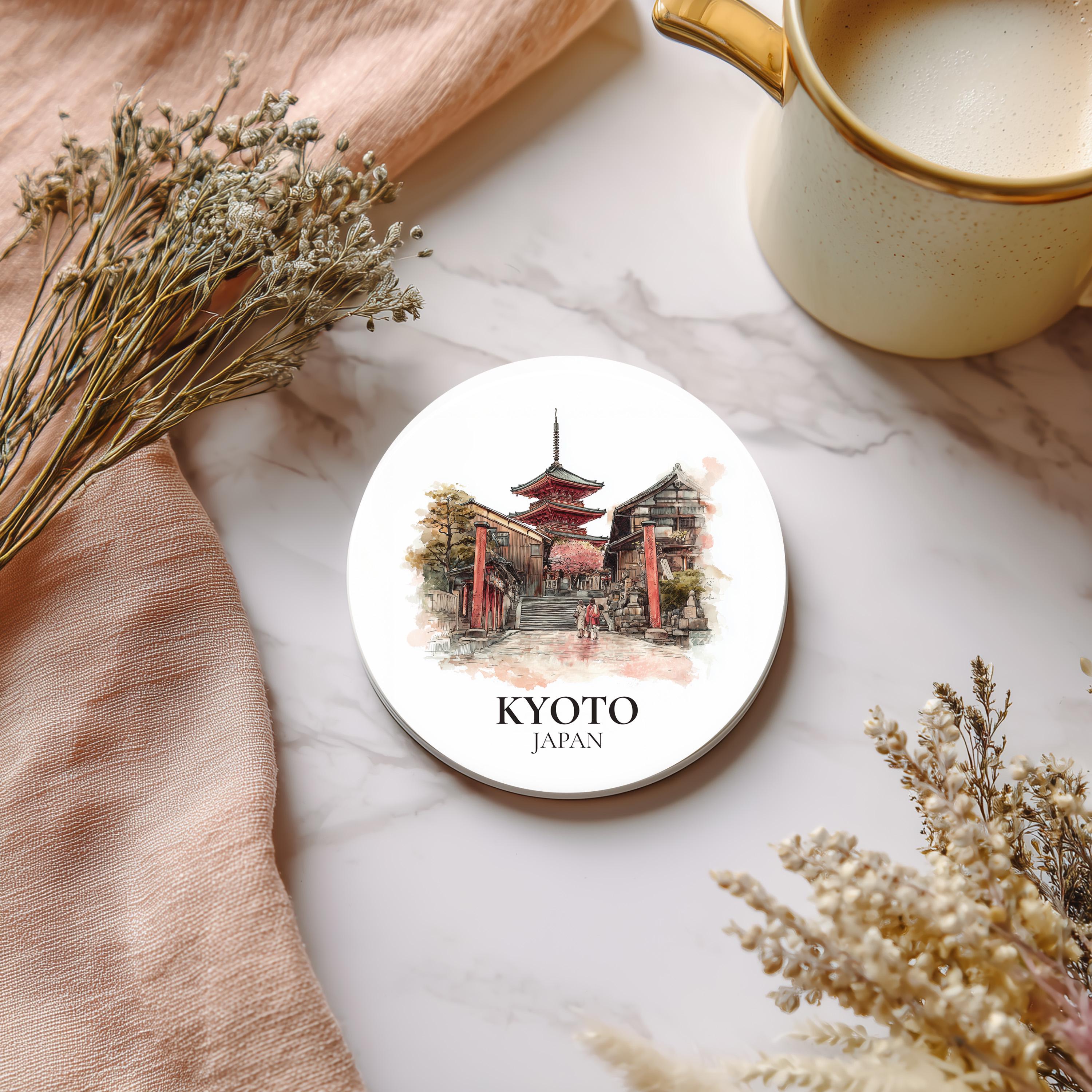 Kyoto Japan Coaster, Watercolor Personalized Painting, Travel Gift Souvenir, Home Decor, Ceramic Set