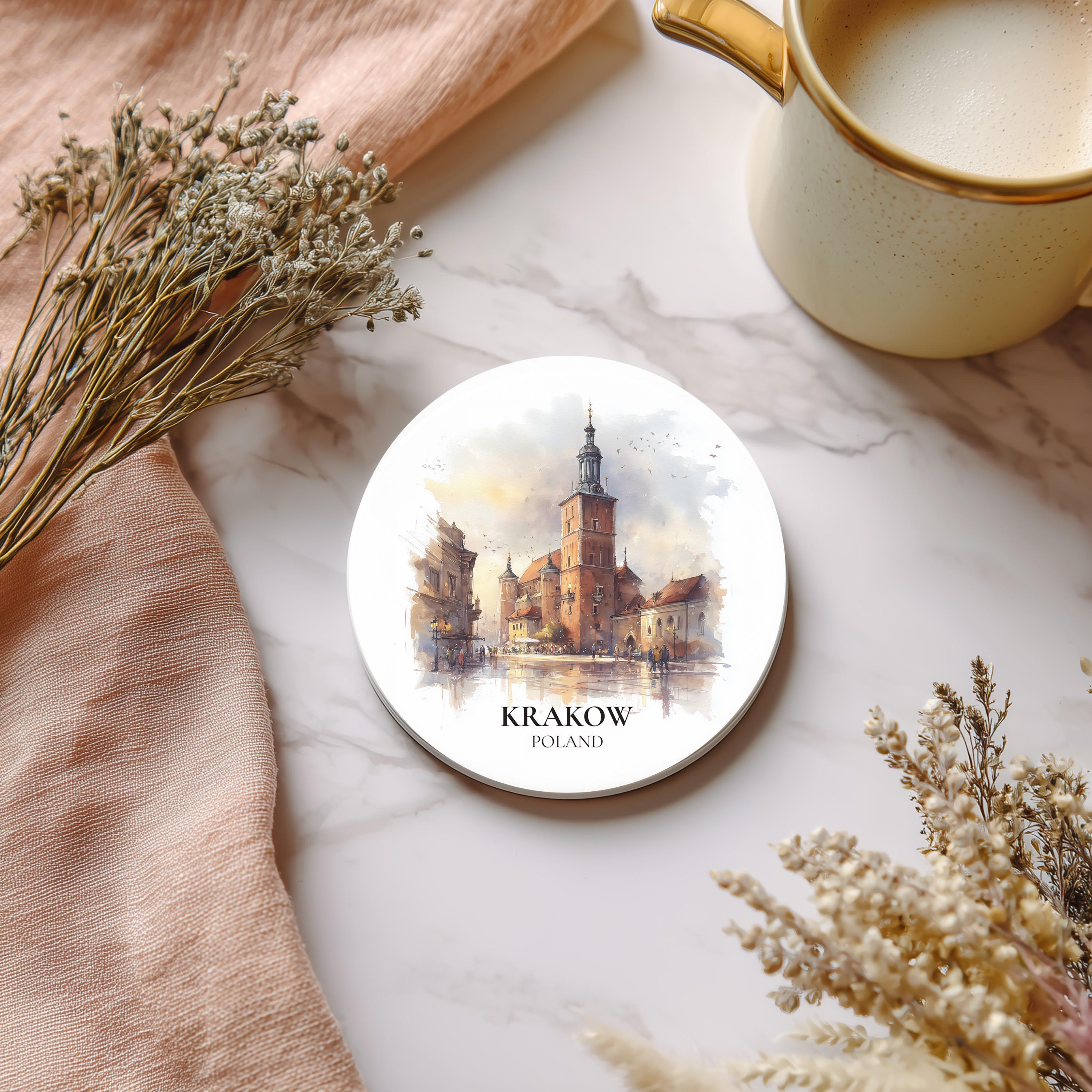 Krakow Poland Coaster, Watercolor Personalized Painting, Travel Gift Souvenir, Home Decor, Ceramic Set
