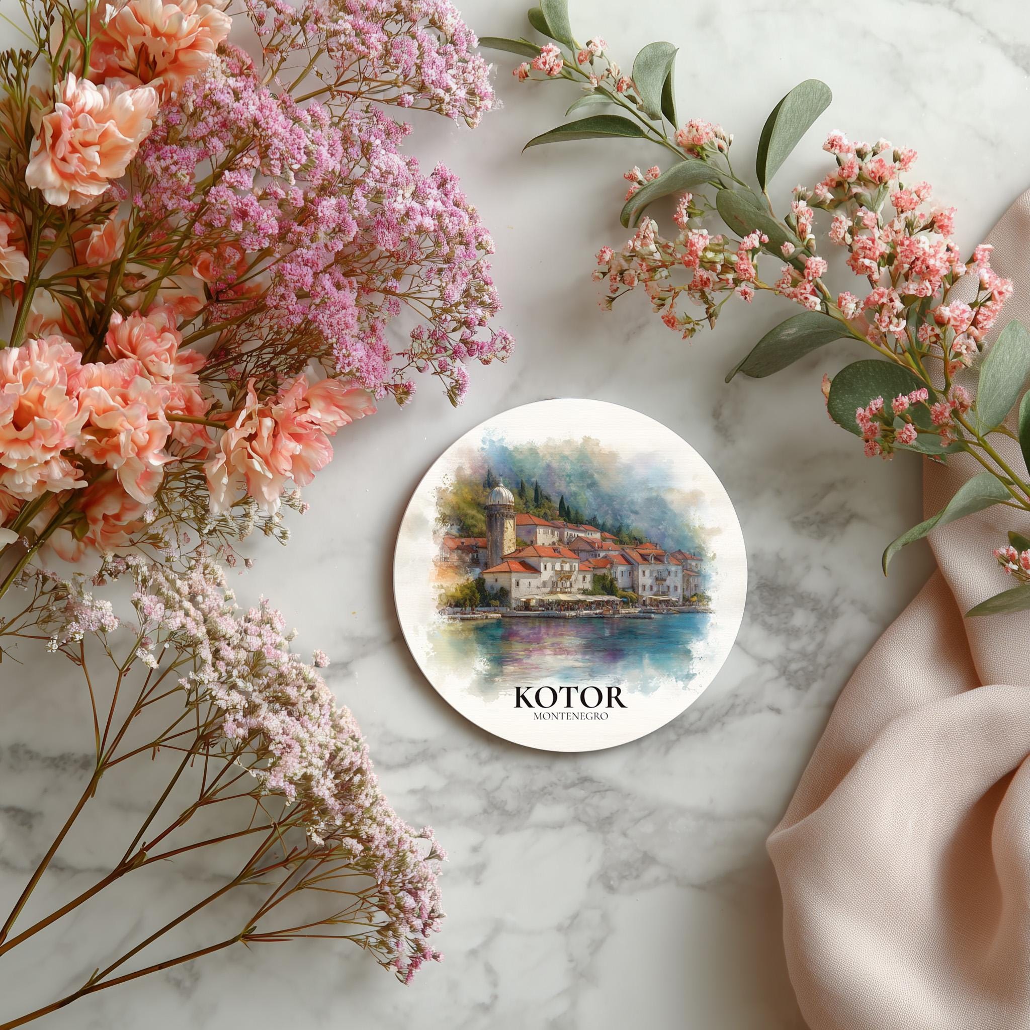 Kotor Montenegro Coaster, Watercolor Personalized Painting, Travel Gift Souvenir, Home Decor, Ceramic Set