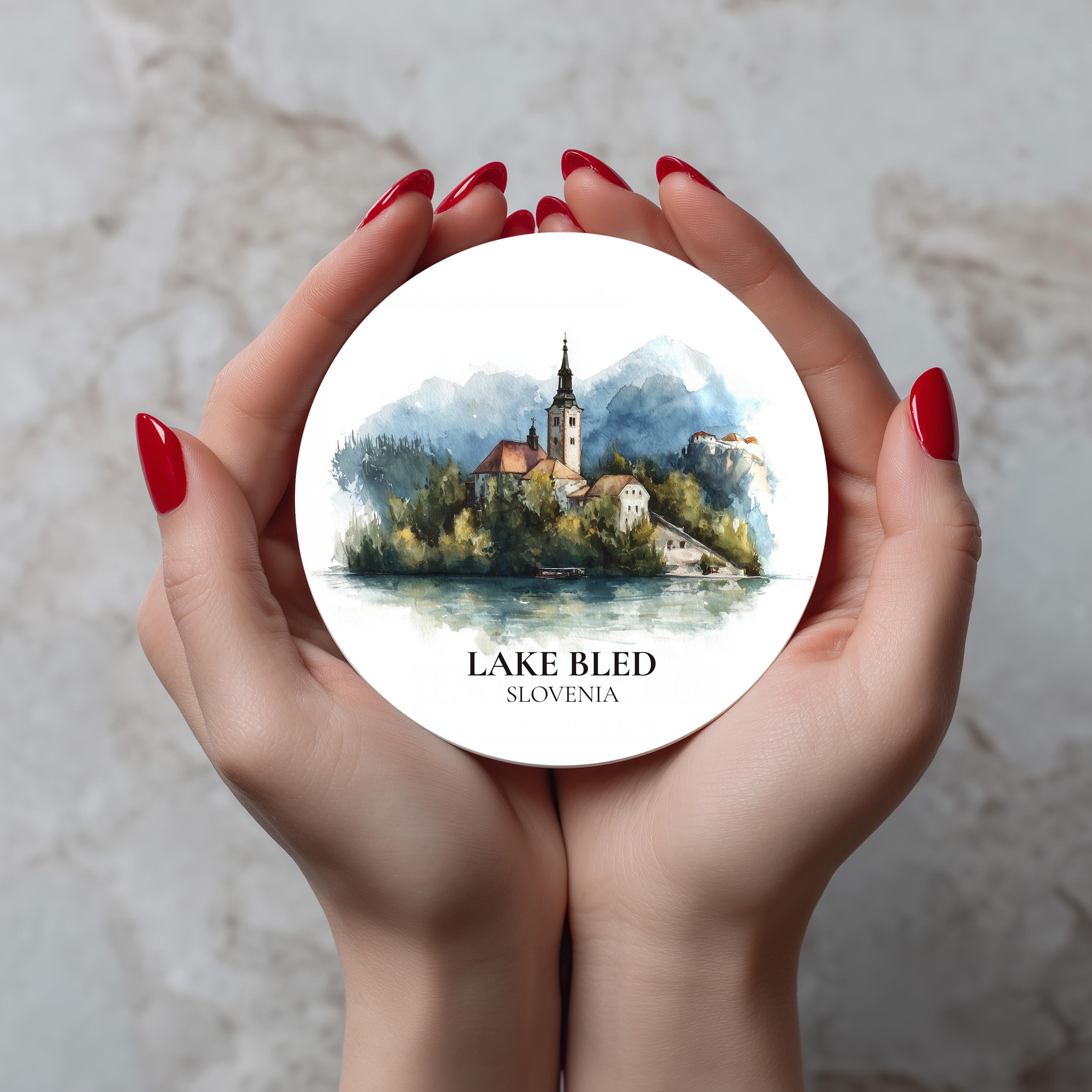Lake Bled Slovenia Coaster, Watercolor Personalized Painting, Travel Gift Souvenir, Home Decor, Ceramic Set