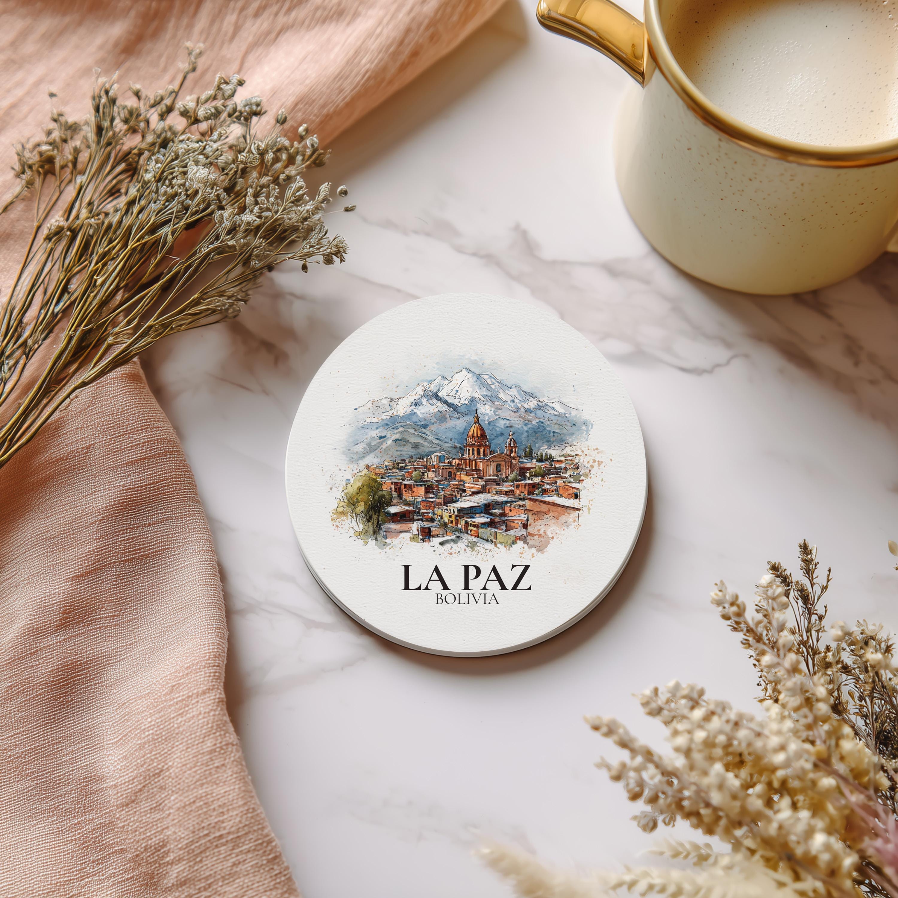 La Paz Bolivia Coaster, Watercolor Personalized Painting, Travel Gift Souvenir, Home Decor, Ceramic Set
