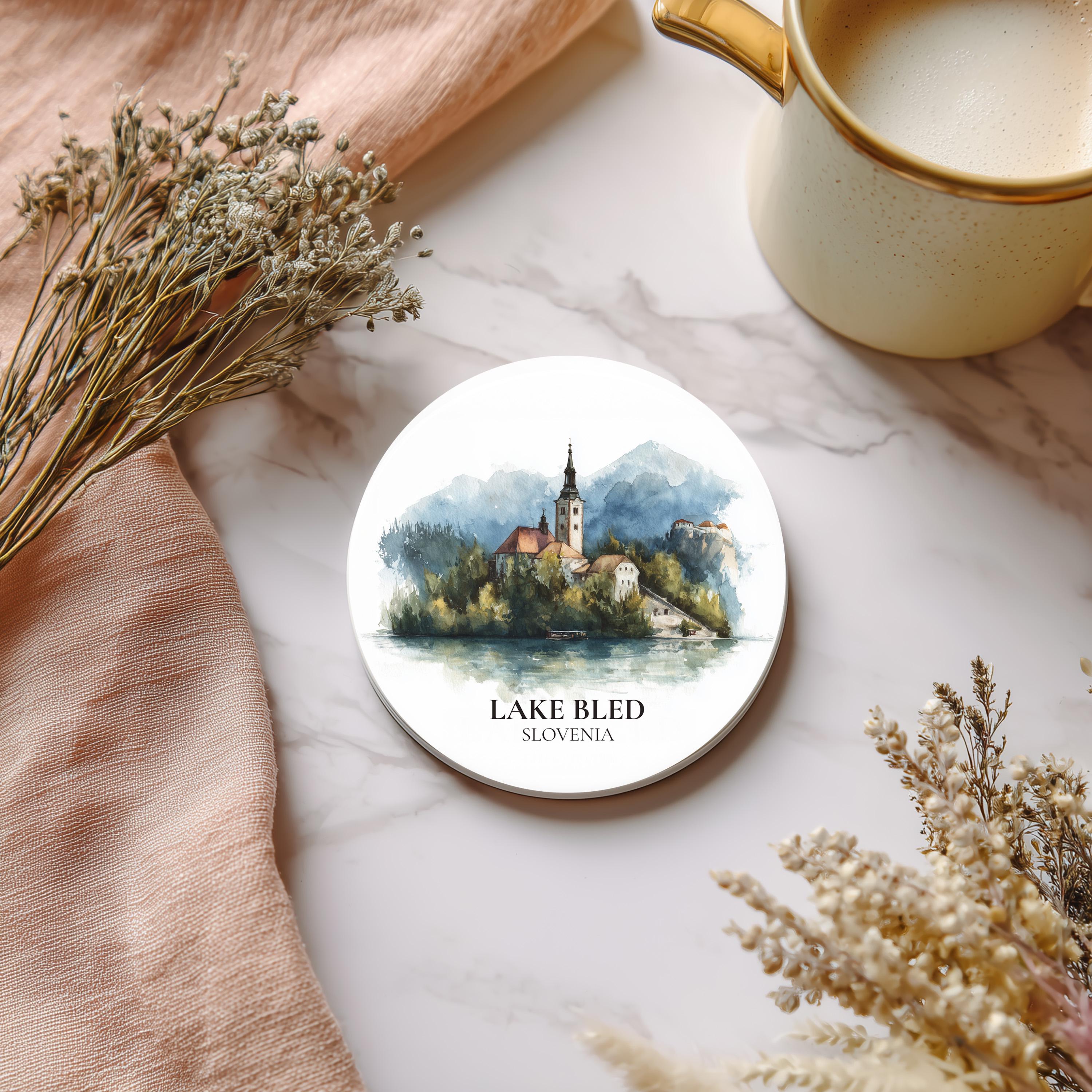 Lake Bled Slovenia Coaster, Watercolor Personalized Painting, Travel Gift Souvenir, Home Decor, Ceramic Set