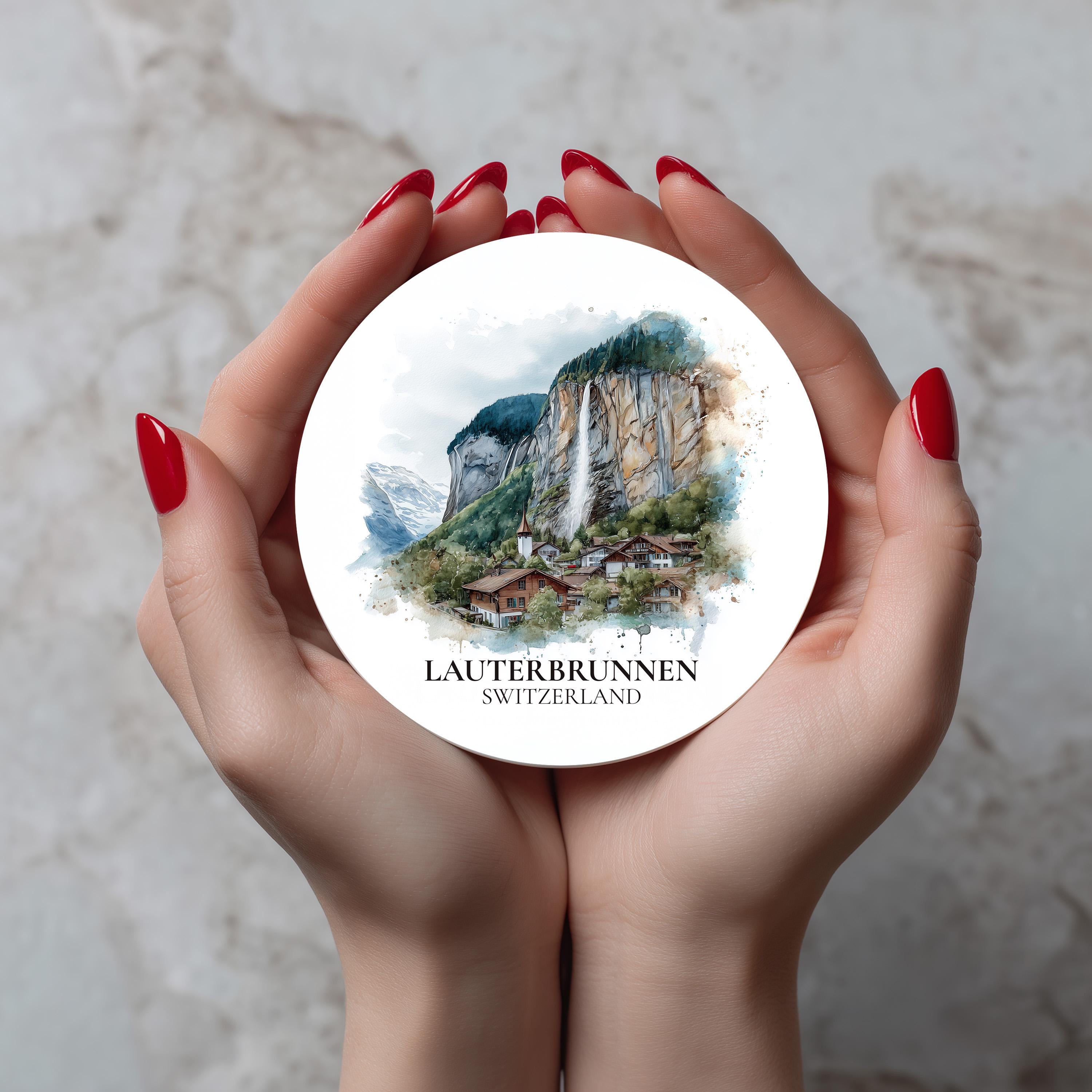 Lauterbrunnen Switzerland Coaster, Watercolor Personalized Painting, Travel Gift Souvenir, Home Decor, Ceramic Set
