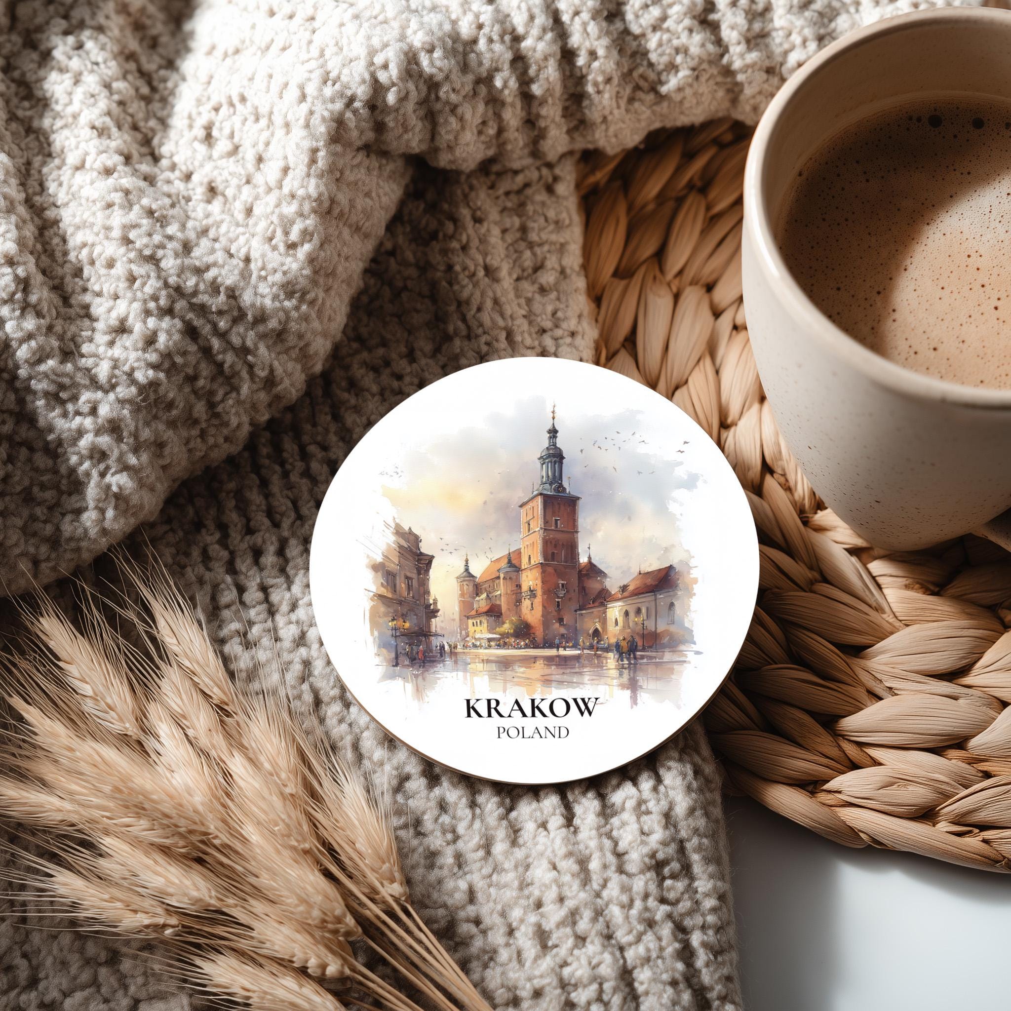 Krakow Poland Coaster, Watercolor Personalized Painting, Travel Gift Souvenir, Home Decor, Ceramic Set