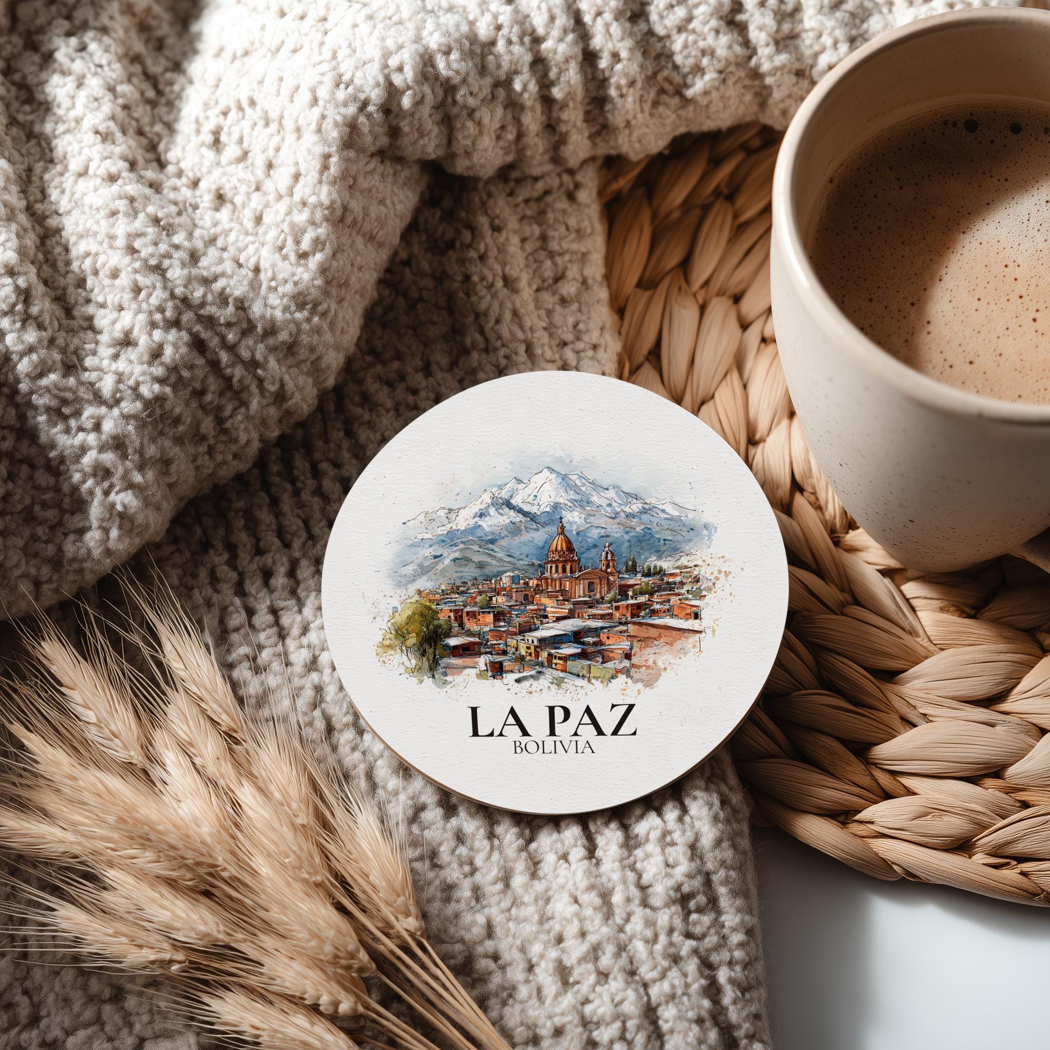 La Paz Bolivia Coaster, Watercolor Personalized Painting, Travel Gift Souvenir, Home Decor, Ceramic Set