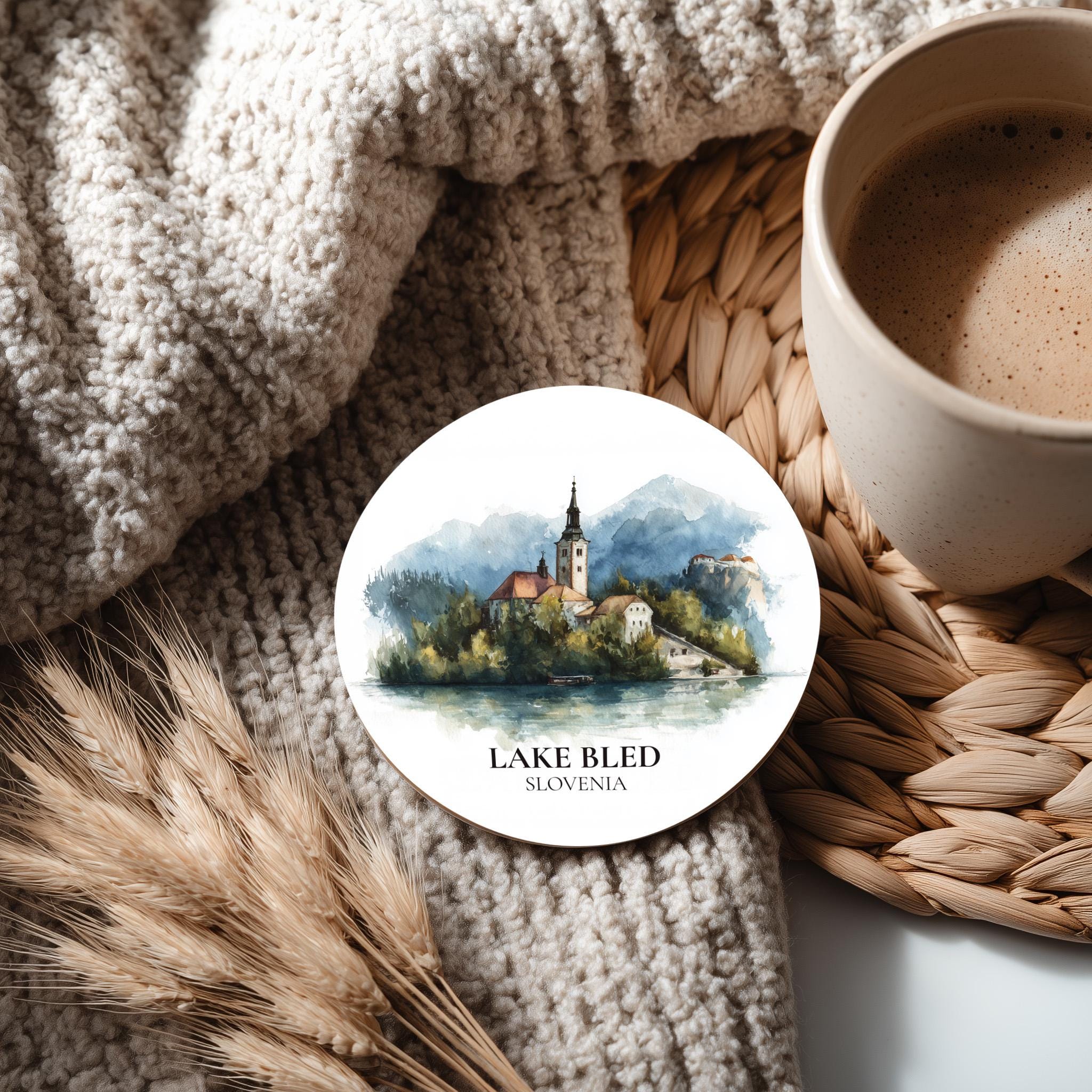 Lake Bled Slovenia Coaster, Watercolor Personalized Painting, Travel Gift Souvenir, Home Decor, Ceramic Set