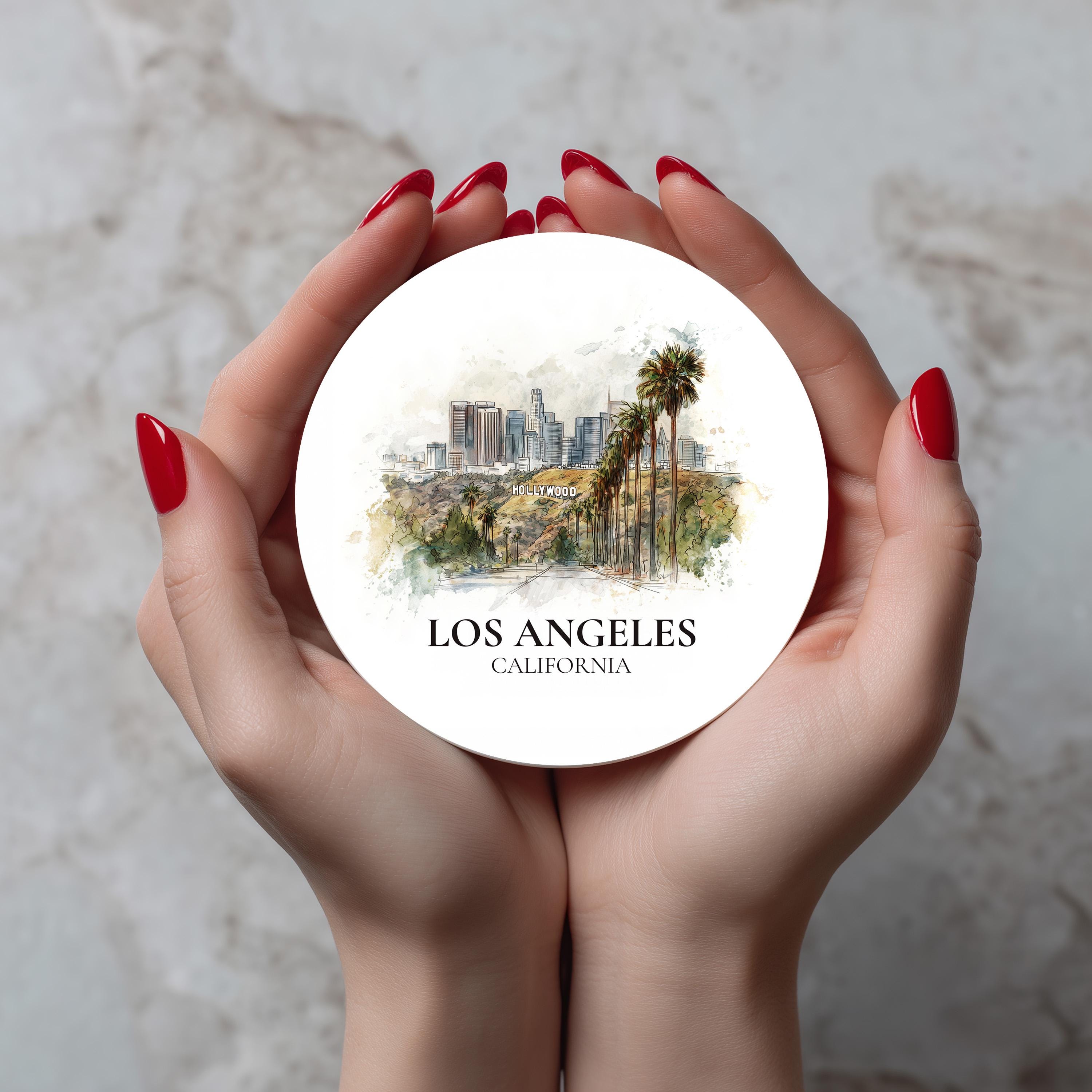 Los Angeles California Coaster, Watercolor Personalized Painting, Travel Gift Souvenir, Home Decor, Ceramic Set