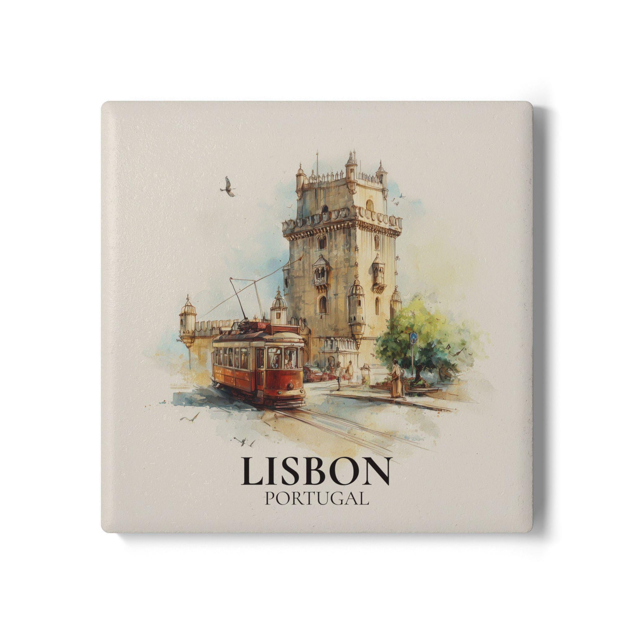 Lisbon Portugal Coaster, Watercolor Personalized Painting, Travel Gift Souvenir, Home Decor, Ceramic Set