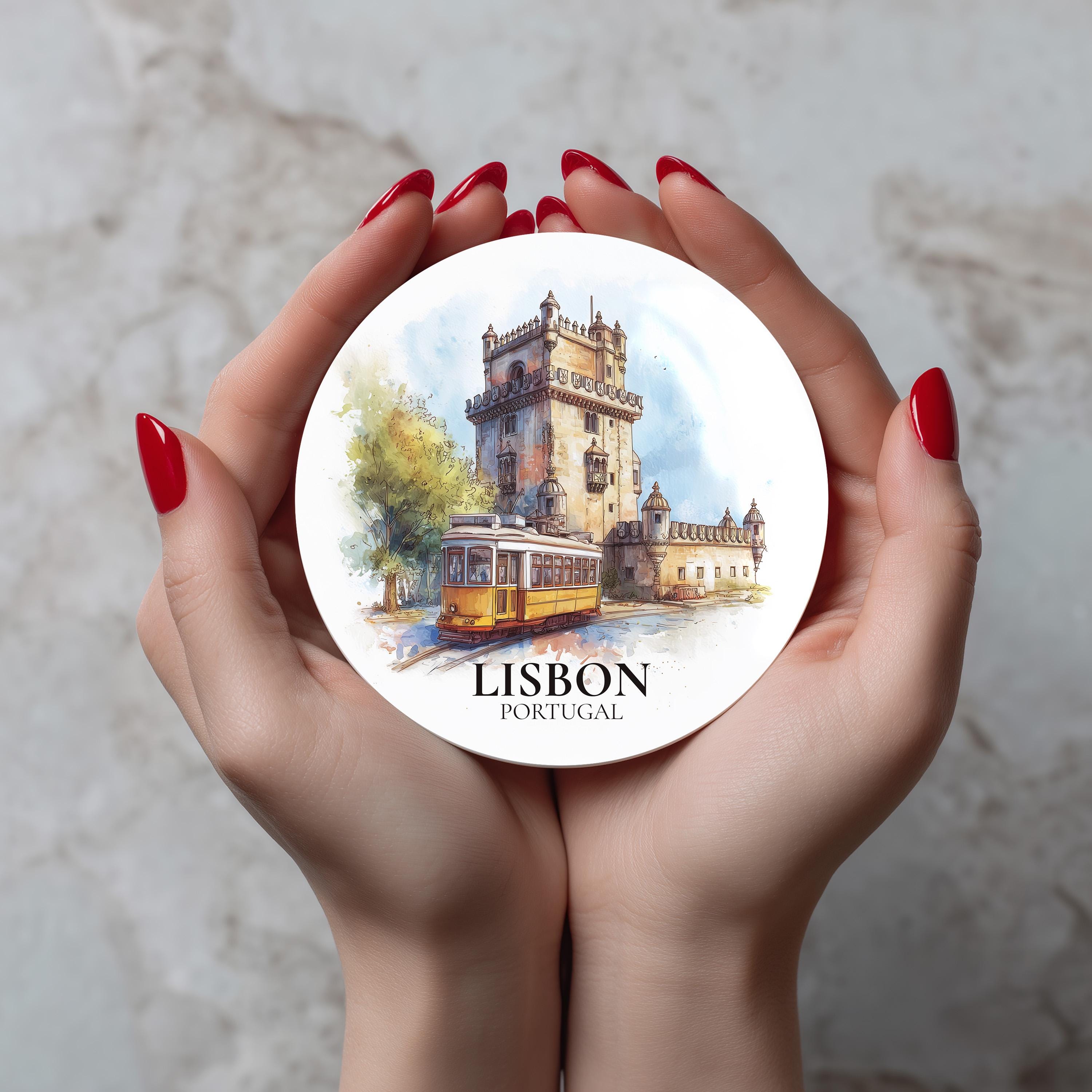 Lisbon Portugal2 Coaster, Watercolor Personalized Painting, Travel Gift Souvenir, Home Decor, Ceramic Set