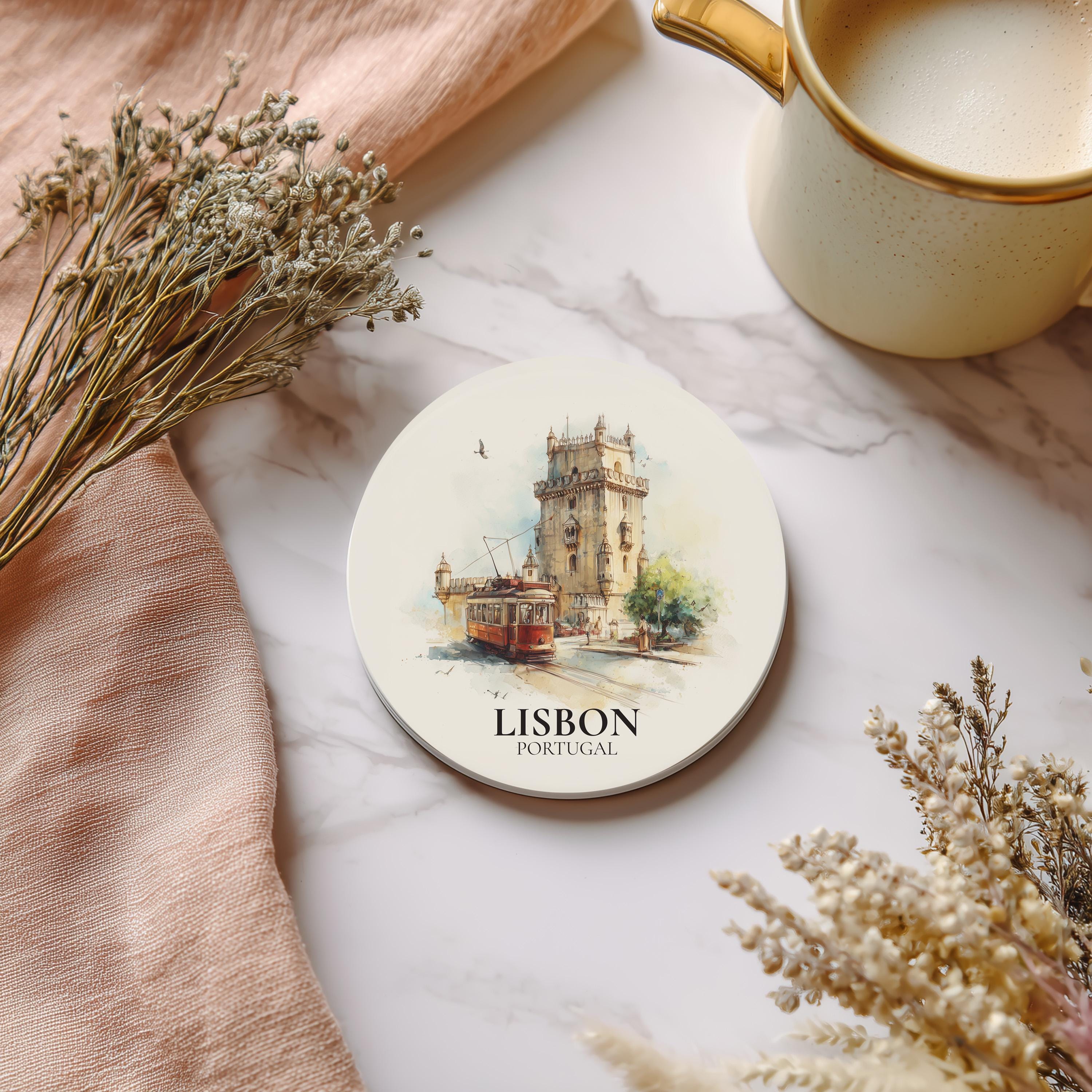 Lisbon Portugal Coaster, Watercolor Personalized Painting, Travel Gift Souvenir, Home Decor, Ceramic Set