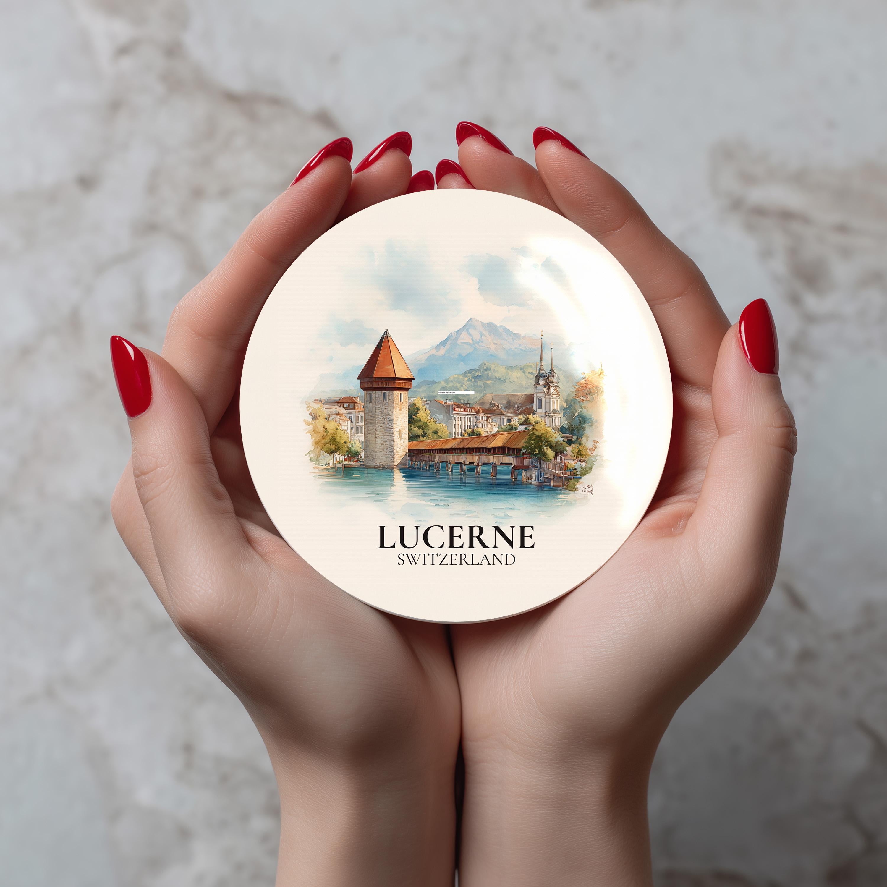 Lucerne Switzerland Coaster, Watercolor Personalized Painting, Travel Gift Souvenir, Home Decor, Ceramic Set