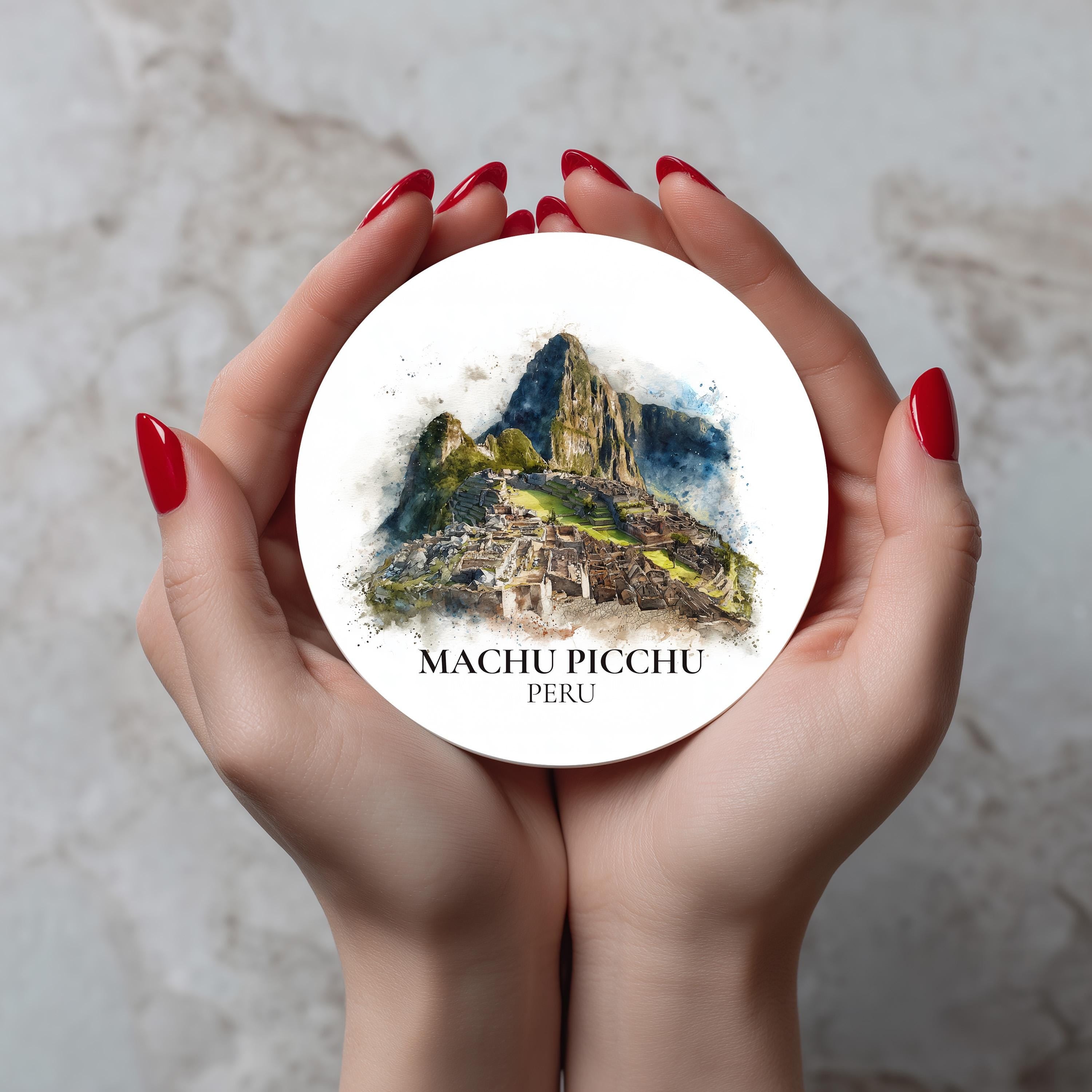 Machu Picchu Peru Coaster, Watercolor Personalized Painting, Travel Gift Souvenir, Home Decor, Ceramic Set