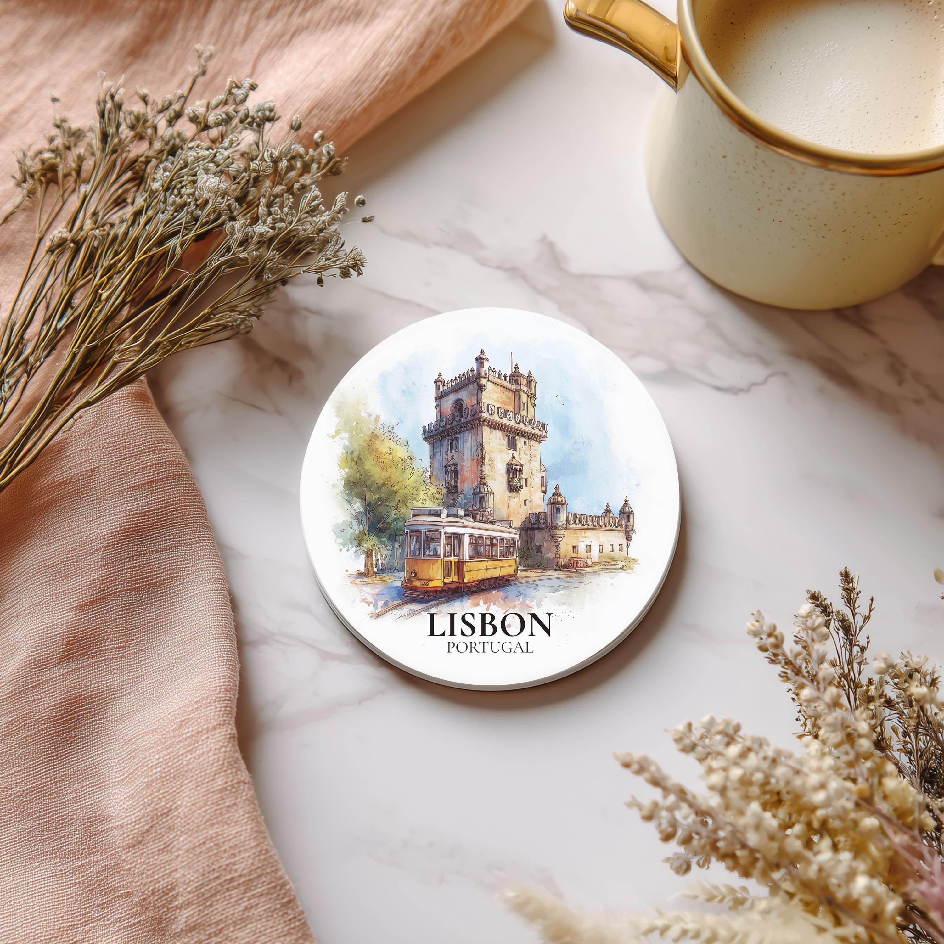 Lisbon Portugal2 Coaster, Watercolor Personalized Painting, Travel Gift Souvenir, Home Decor, Ceramic Set