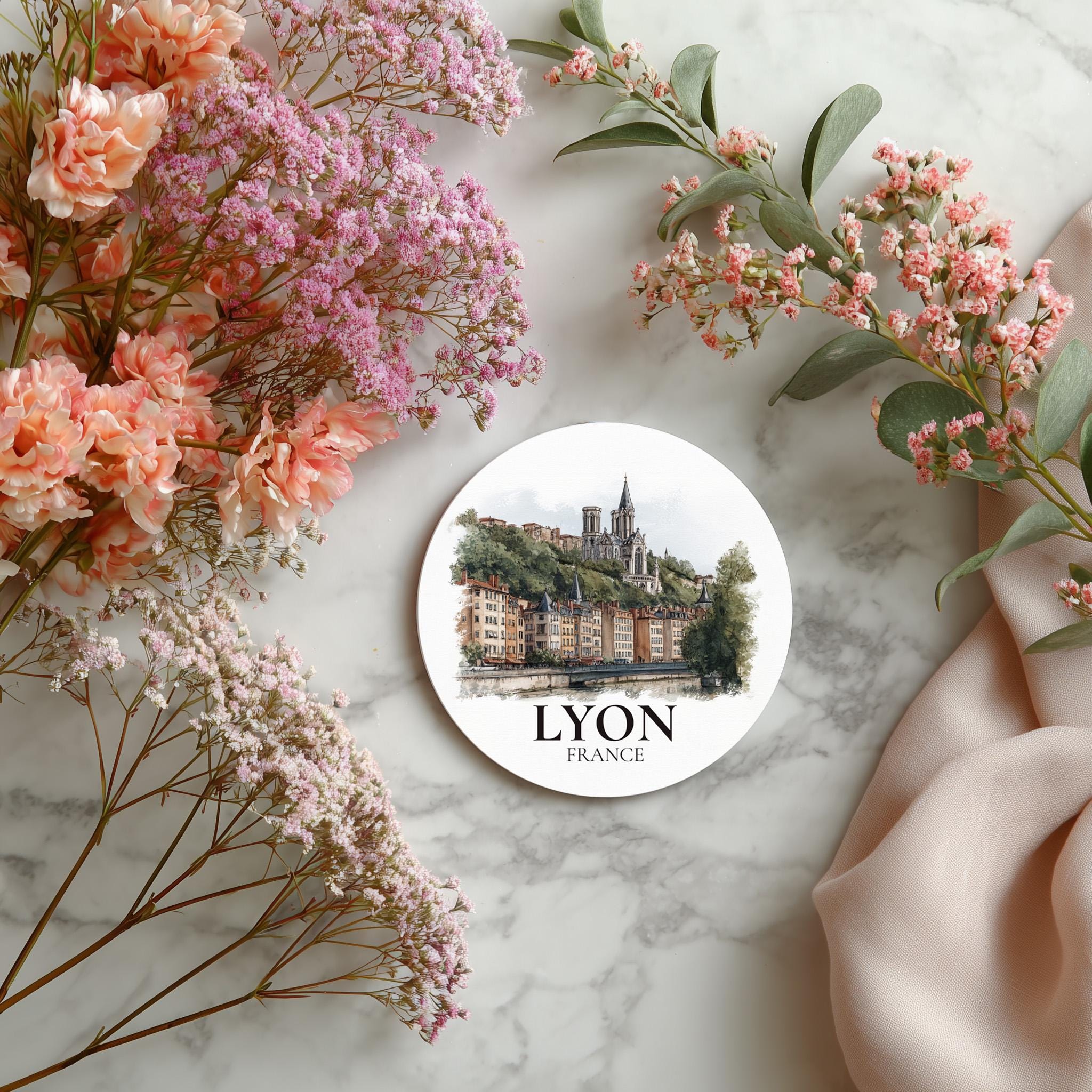 Lyon France Coaster, Watercolor Personalized Painting, Travel Gift Souvenir, Home Decor, Ceramic Set