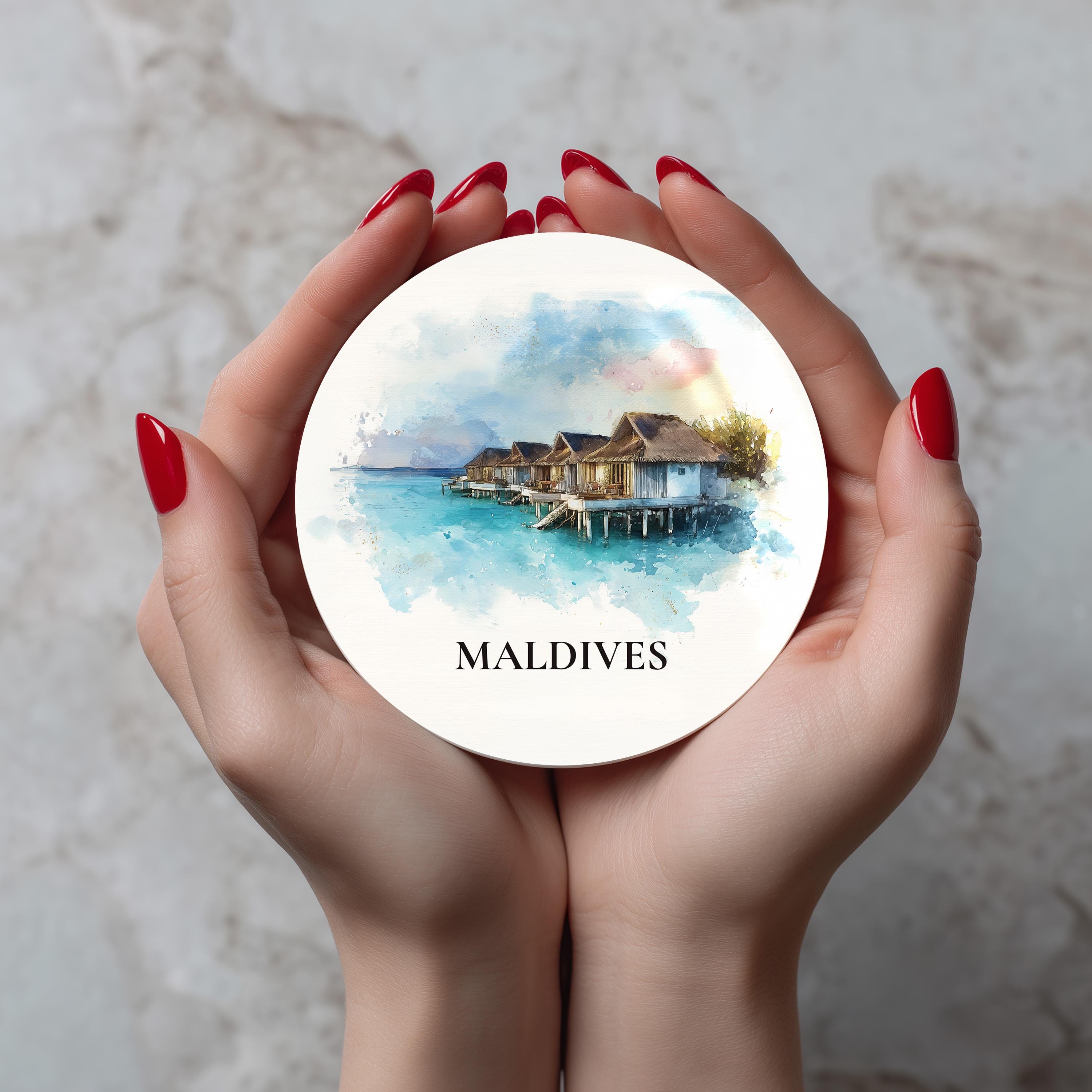 Maldives Coaster, Watercolor Personalized Painting, Travel Gift Souvenir, Home Decor, Ceramic Set