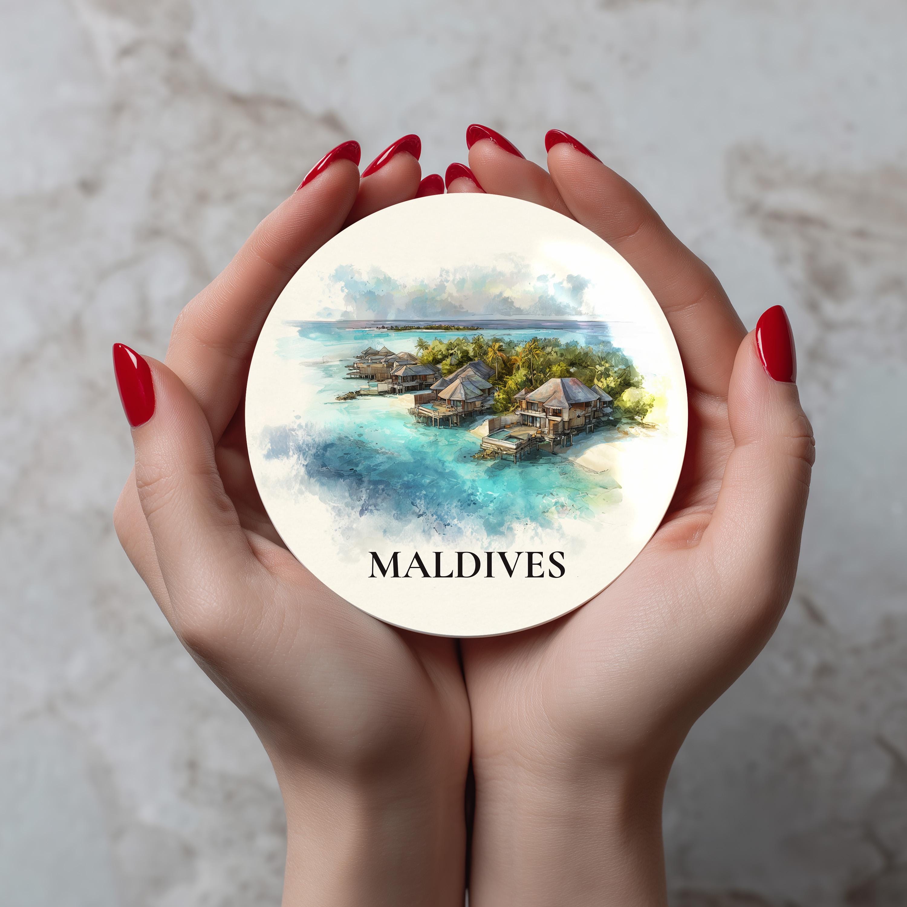 Maldives2 Coaster, Watercolor Personalized Painting, Travel Gift Souvenir, Home Decor, Ceramic Set